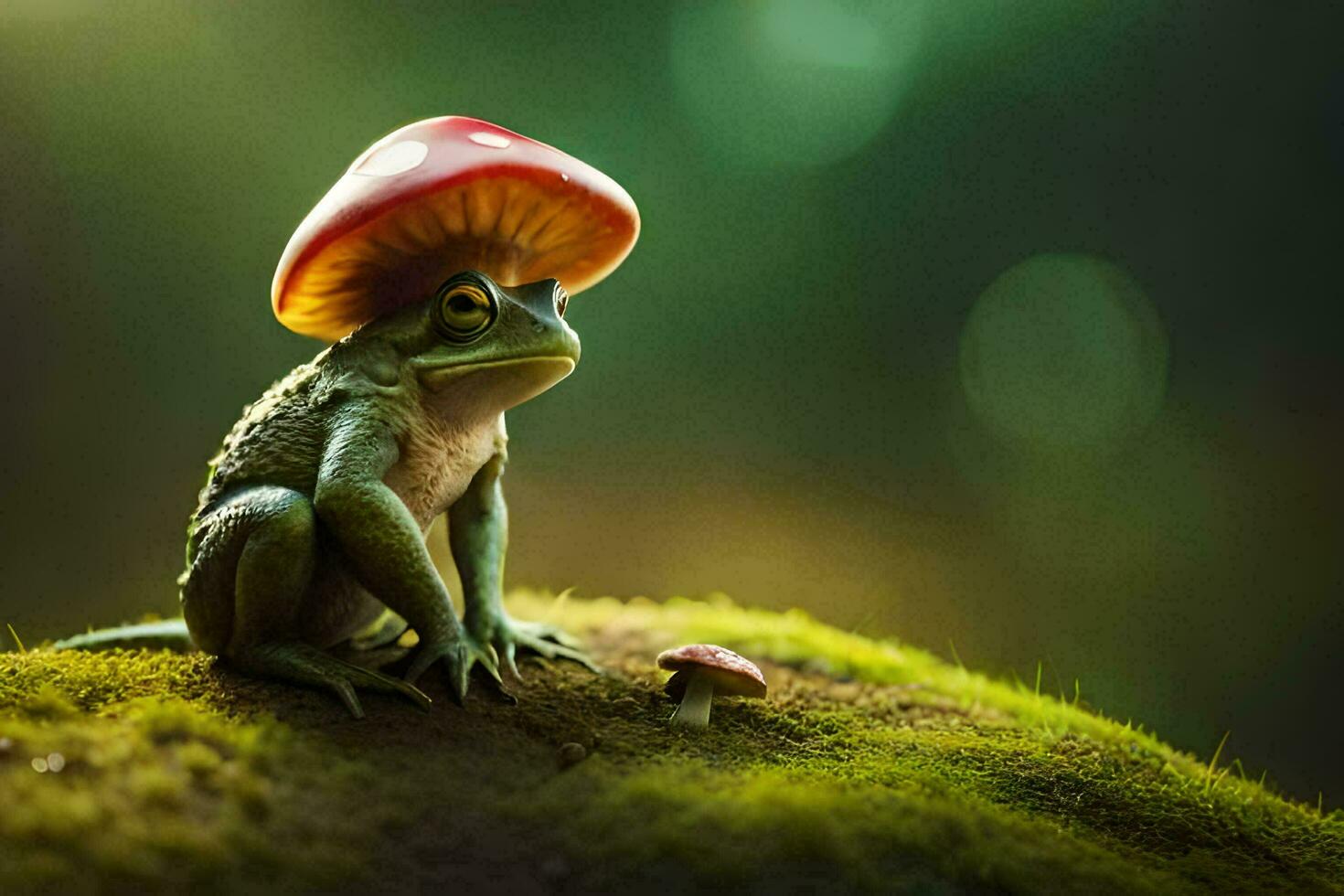 a frog with a red mushroom on its head. AI-Generated photo