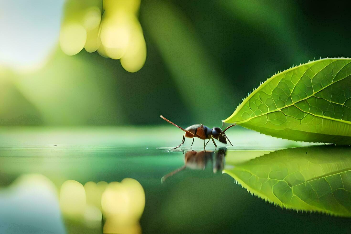 a small insect is standing on a leaf. AI-Generated photo