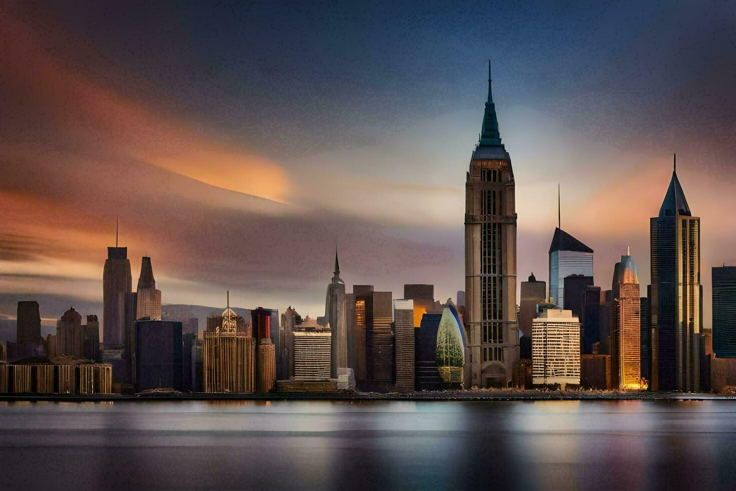 the manhattan skyline at sunset. AI-Generated photo