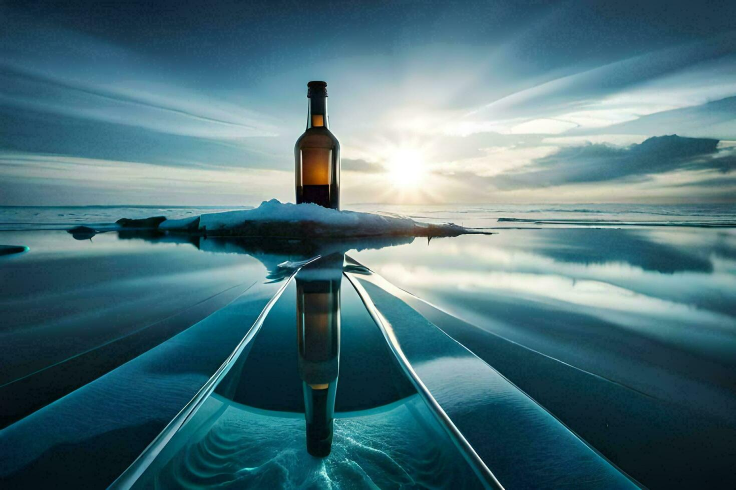 a bottle of wine sits on the ice in front of the sun. AI-Generated photo