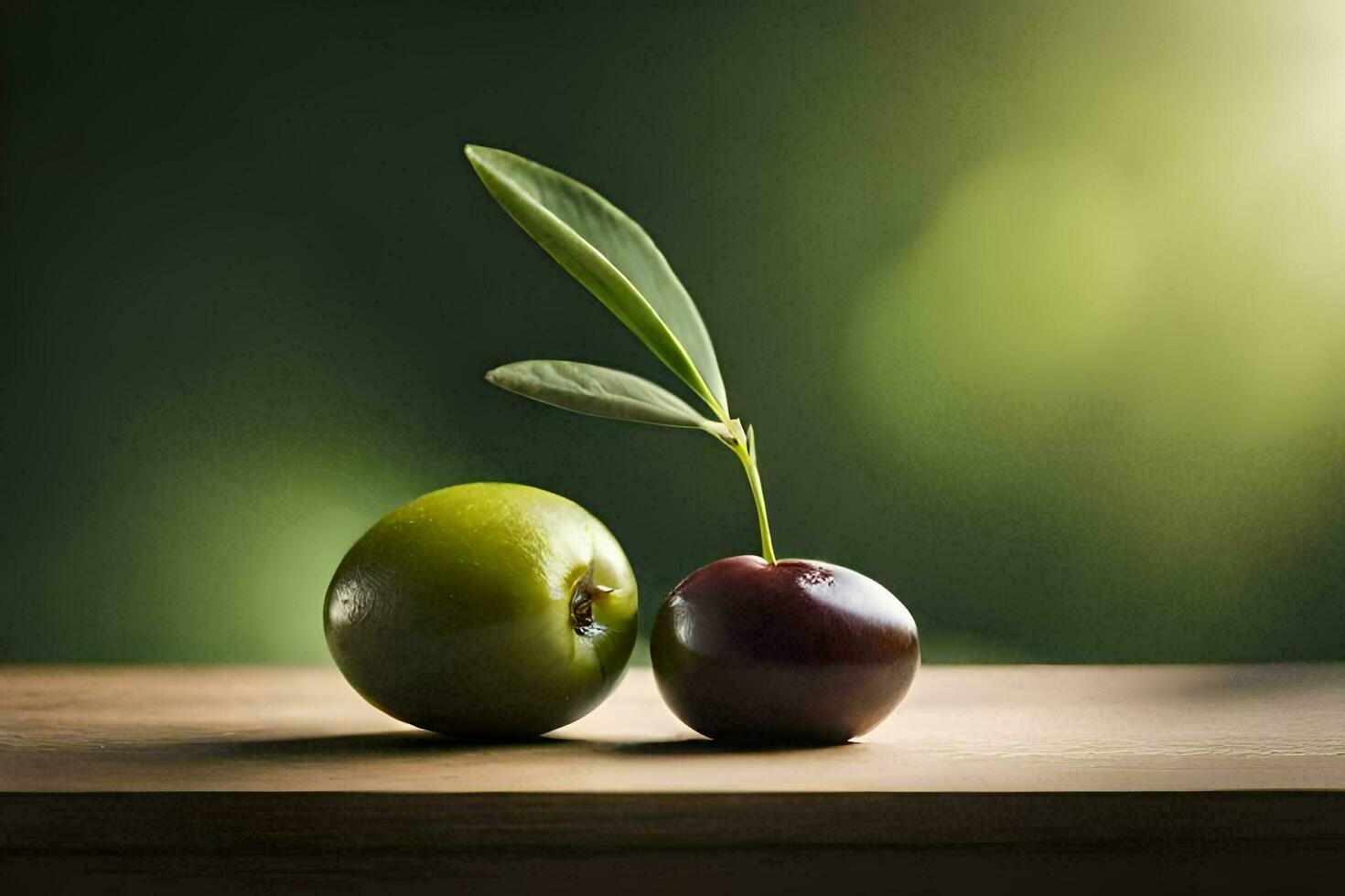 dos verde y rojo manzanas en un de madera mesa. generado por ai foto