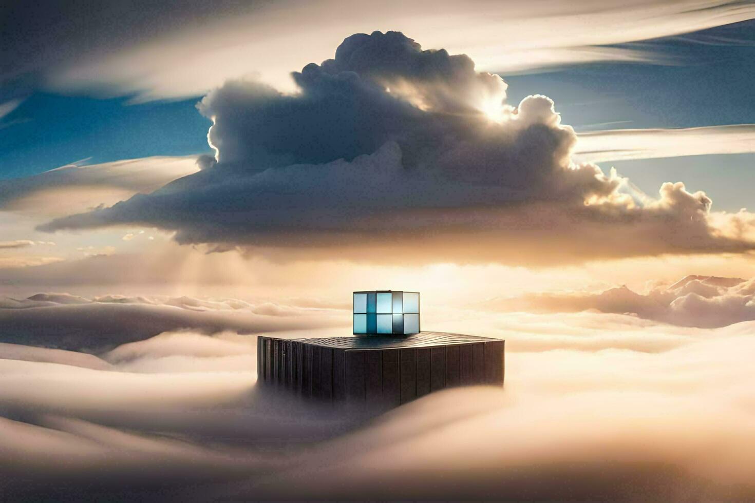 a box sitting on top of clouds with a sun shining through. AI-Generated photo