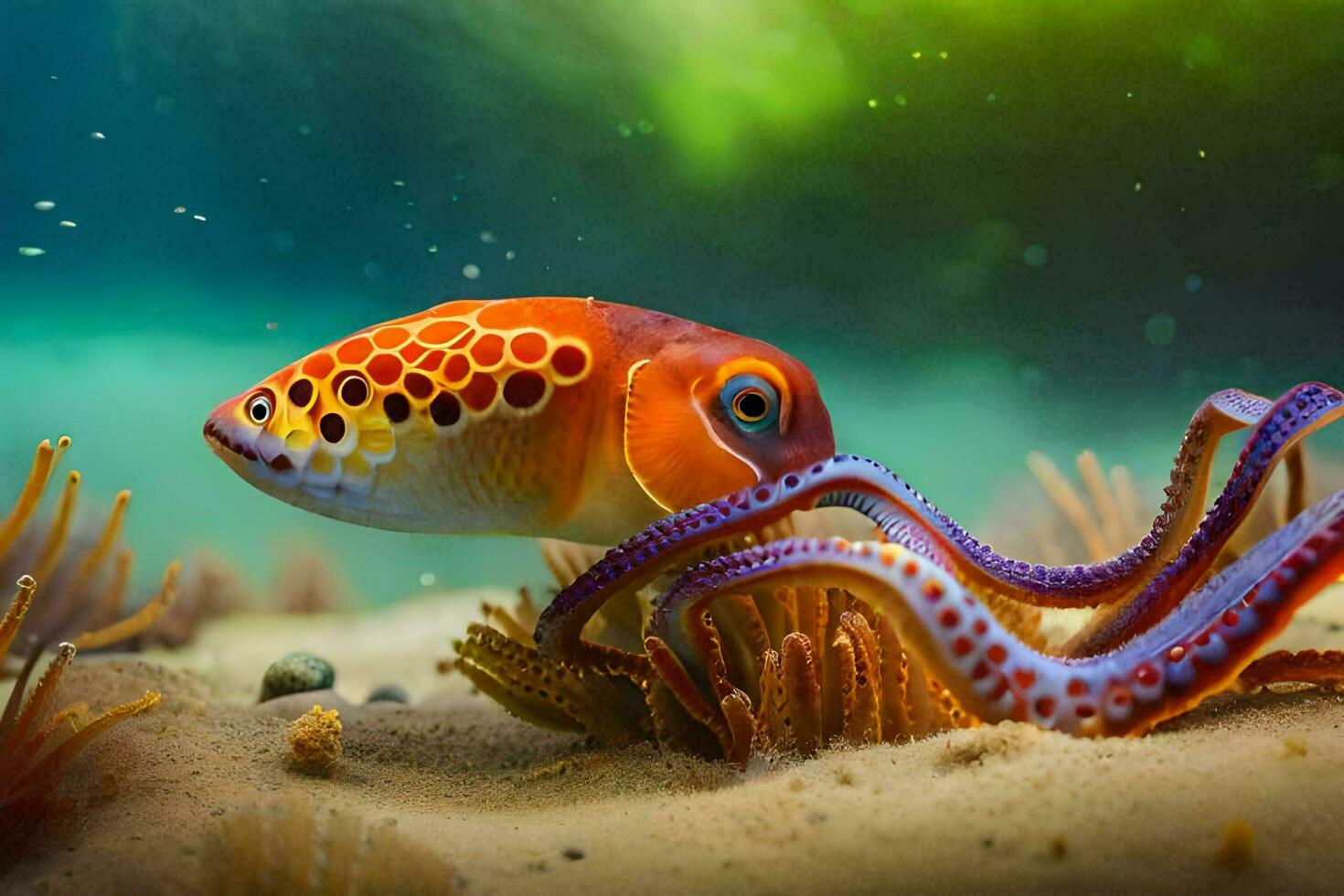 un pulpo y un anémona son nadando en el océano. generado por ai foto