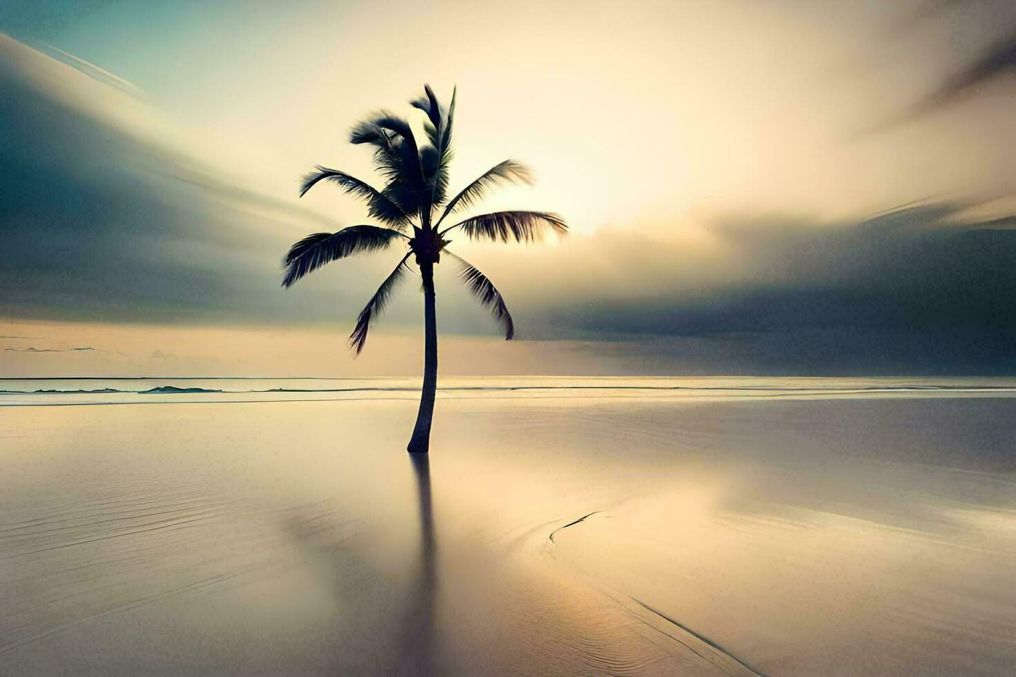 a lone palm tree stands on the beach at sunset. AI-Generated photo