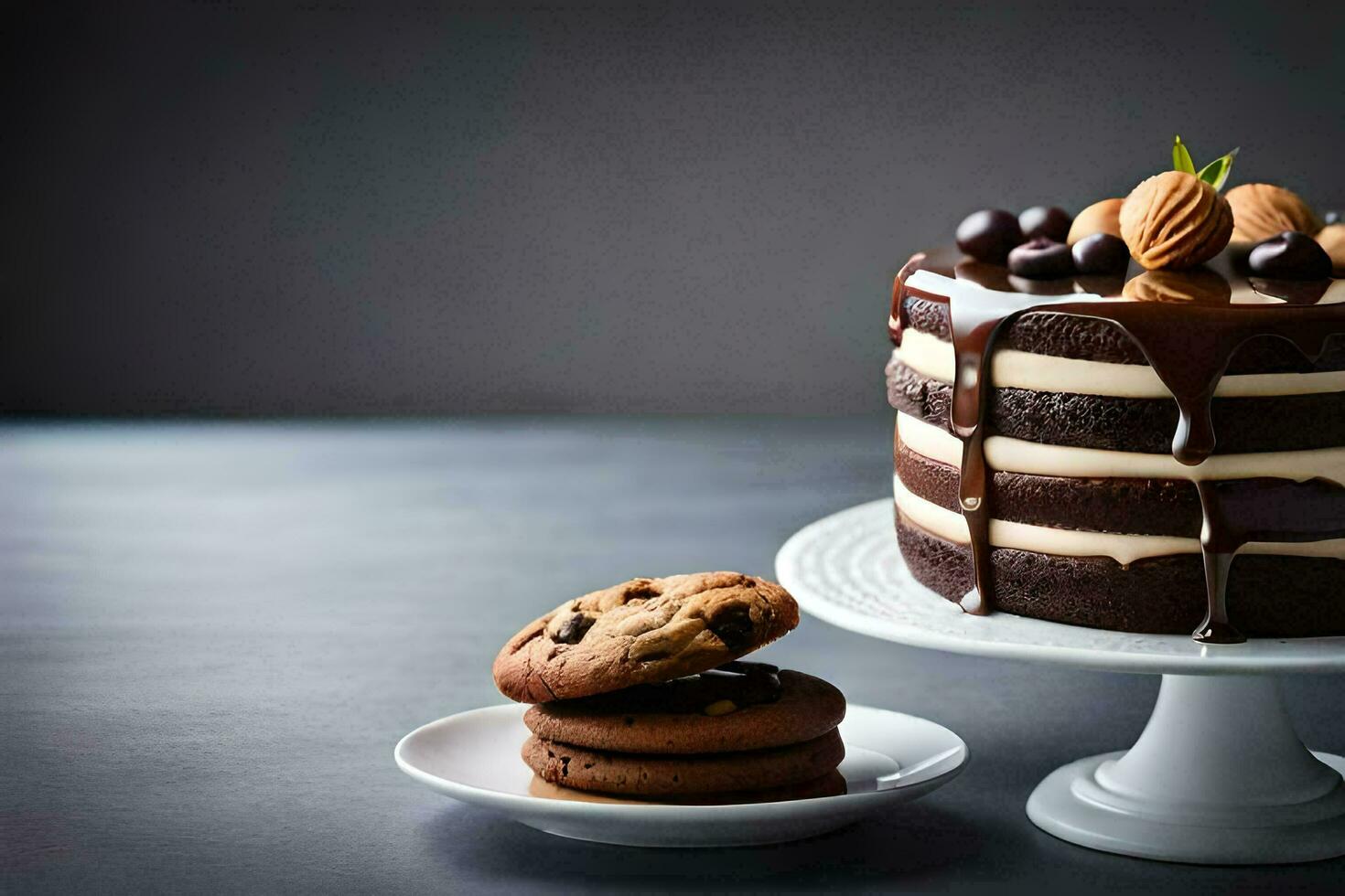 a chocolate cake with cookies and nuts on a plate. AI-Generated photo