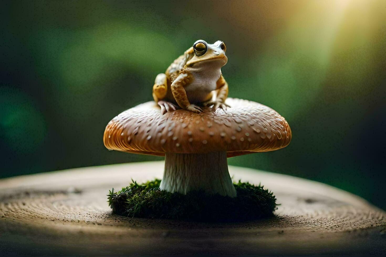 a frog sits on top of a mushroom. AI-Generated photo