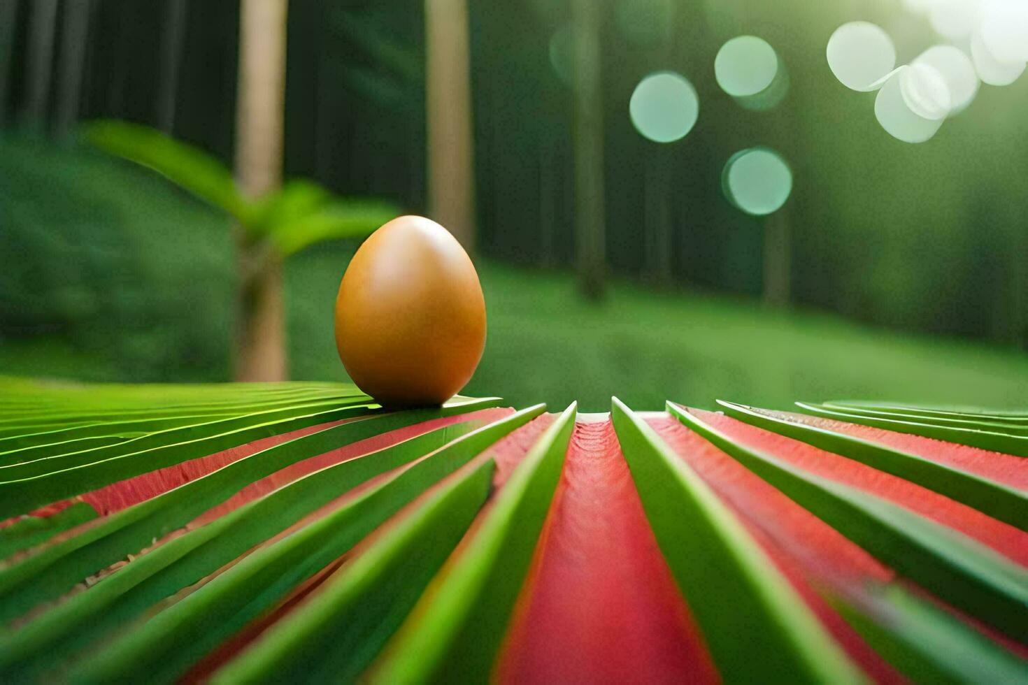 an egg sitting on top of a palm leaf. AI-Generated photo