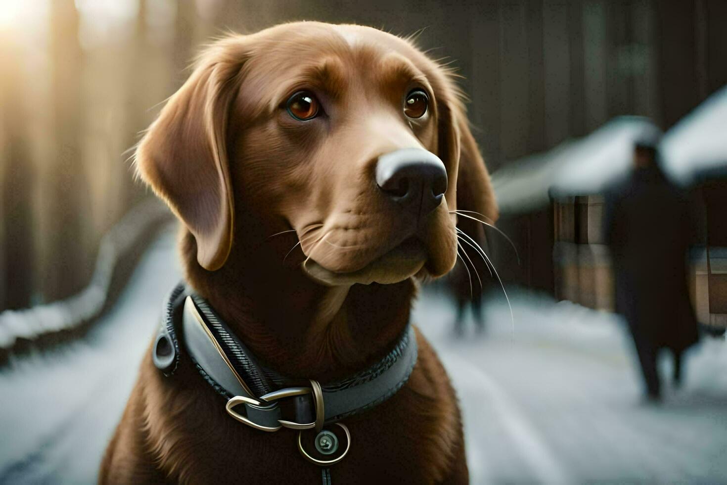 a brown dog wearing a collar and looking at the camera. AI-Generated photo