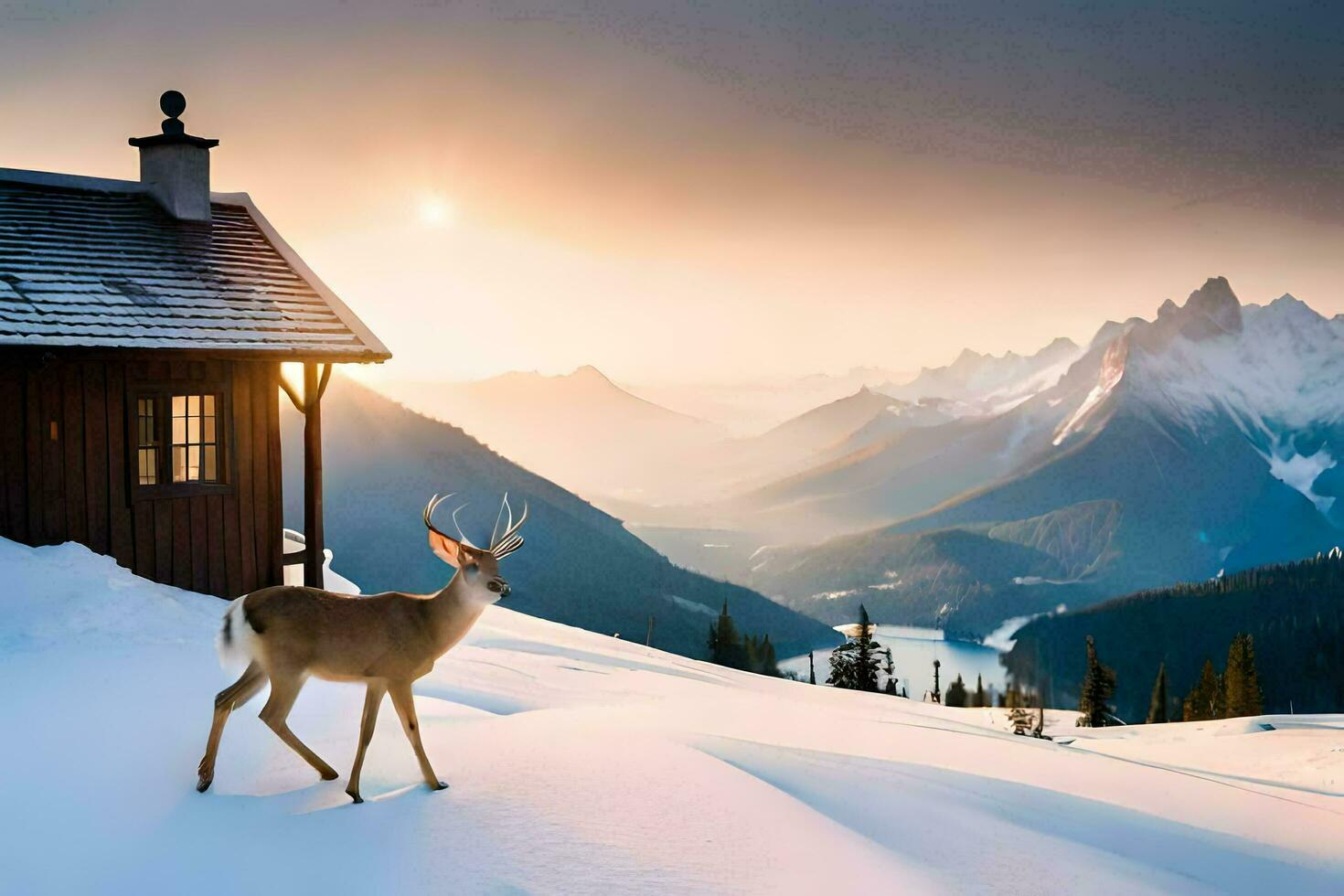 a deer stands in front of a cabin in the snow. AI-Generated photo