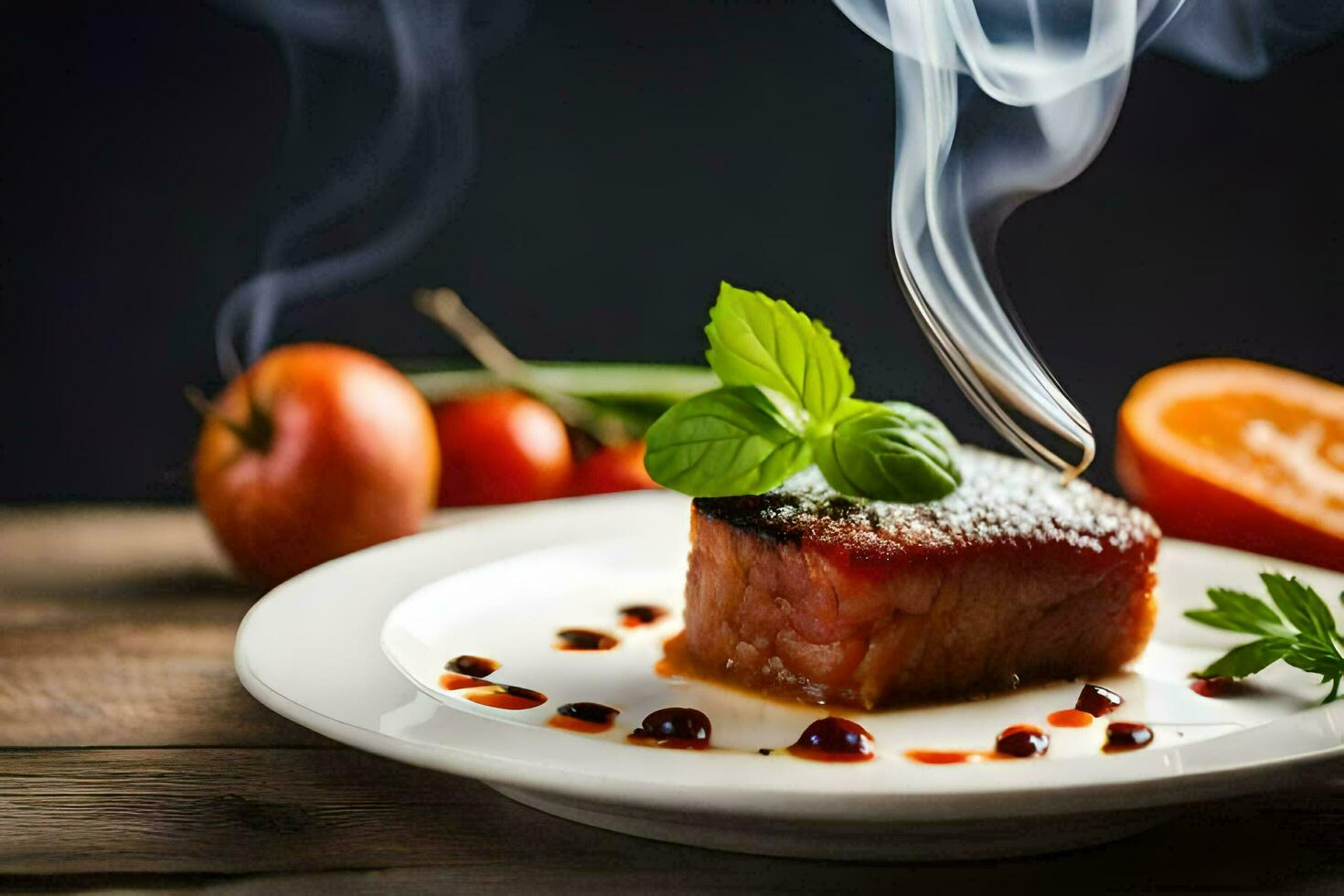 a piece of meat on a plate with smoke coming out of it. AI-Generated photo
