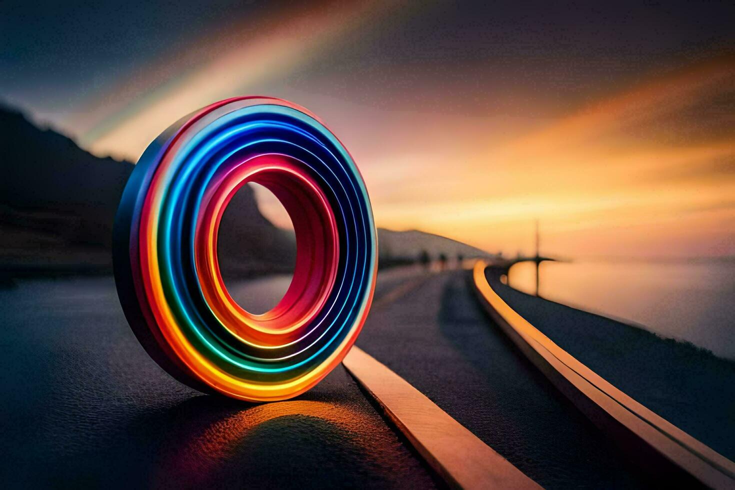 a rainbow colored wheel is sitting on the road. AI-Generated photo