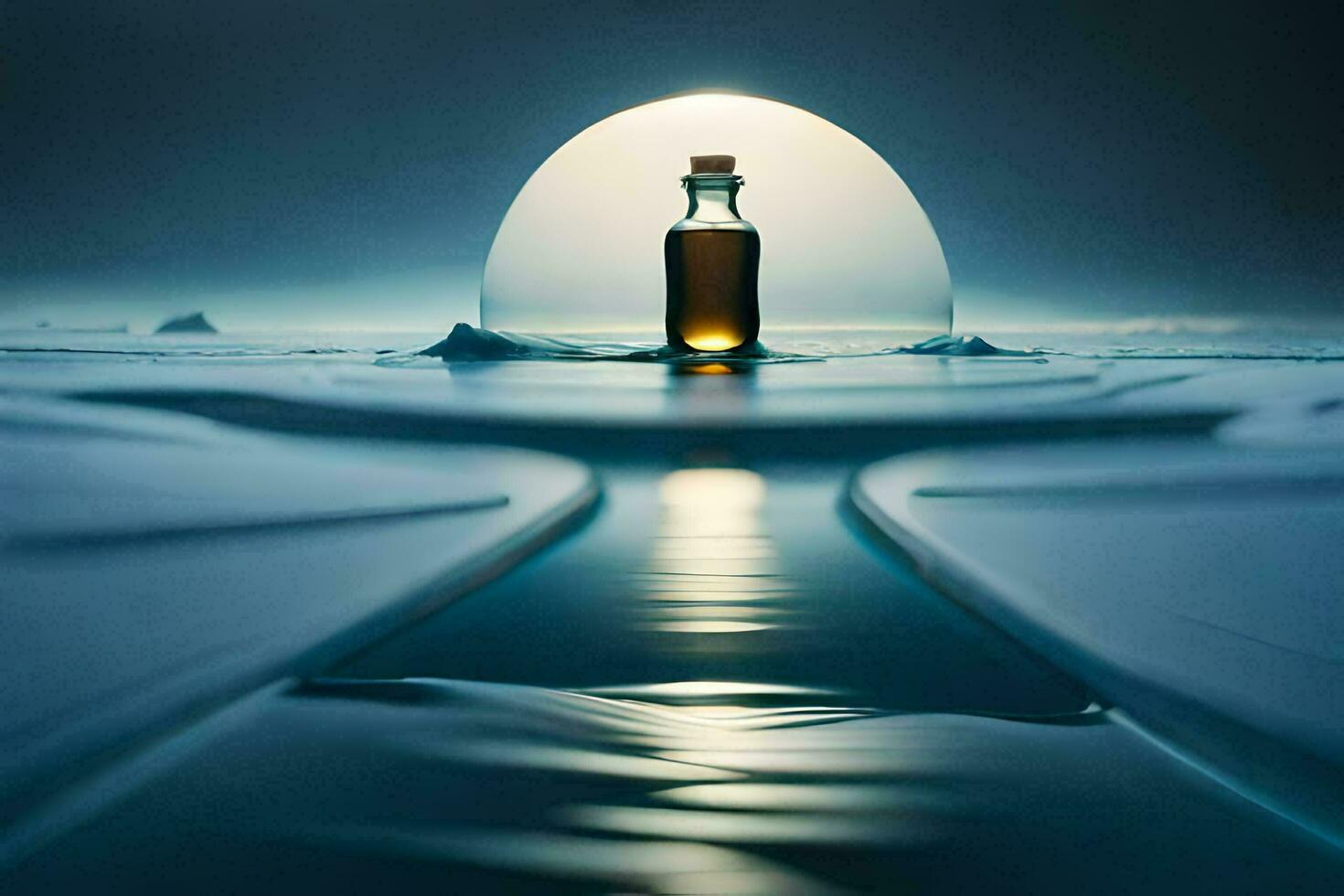 a bottle of whisky sits on the ice in front of a full moon. AI-Generated photo