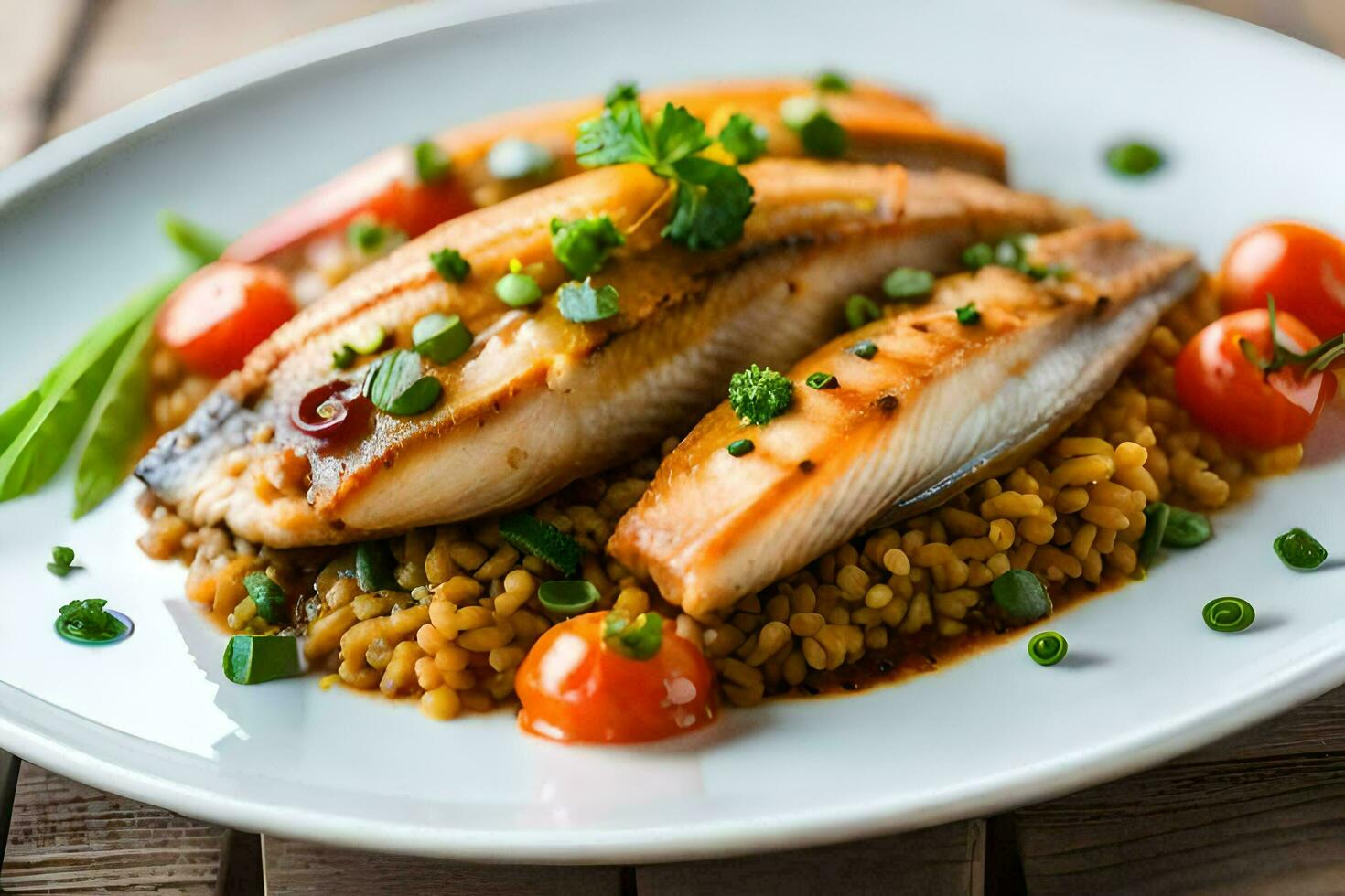 fish and rice on a plate with tomatoes. AI-Generated photo