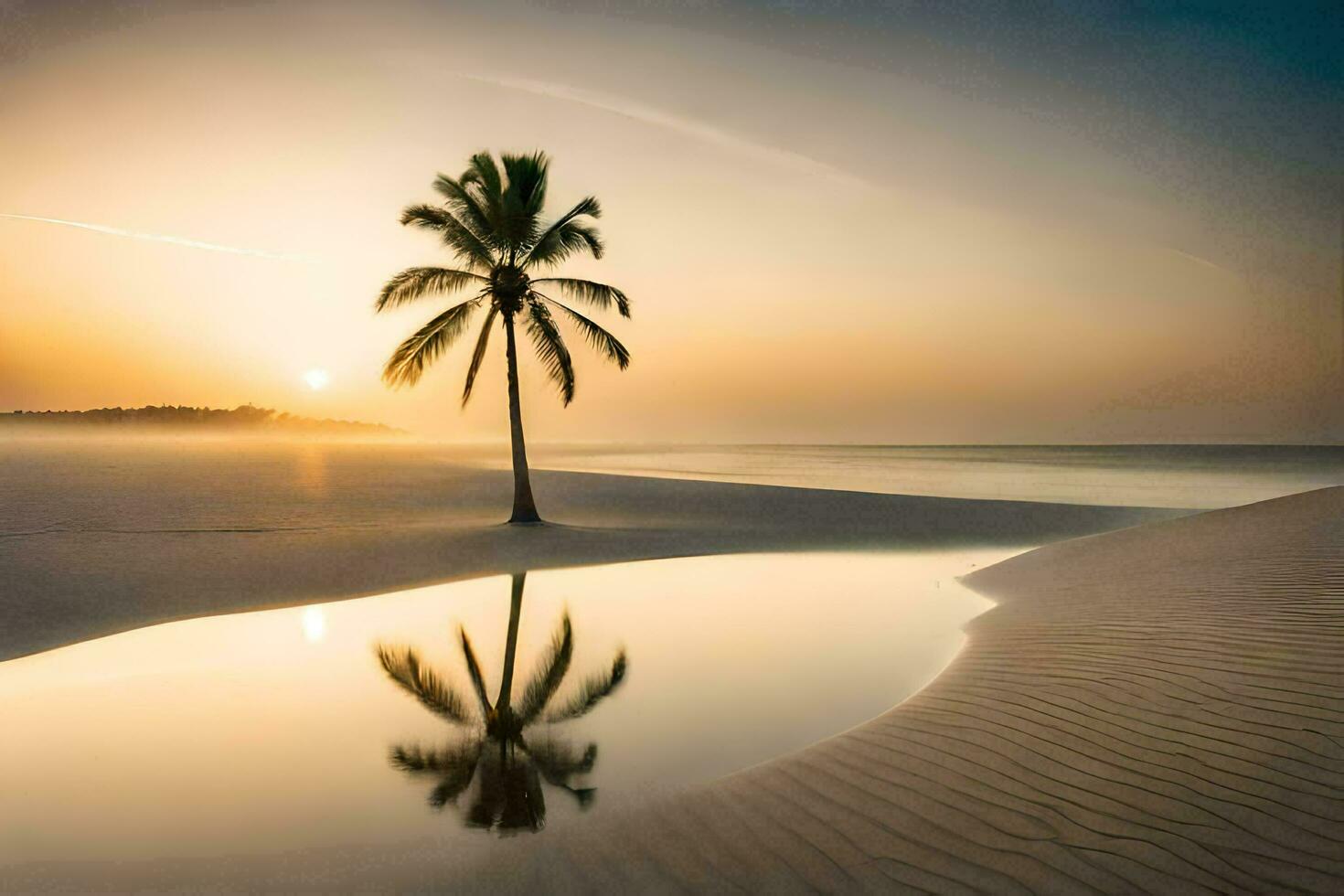 a palm tree stands on the beach at sunset. AI-Generated photo