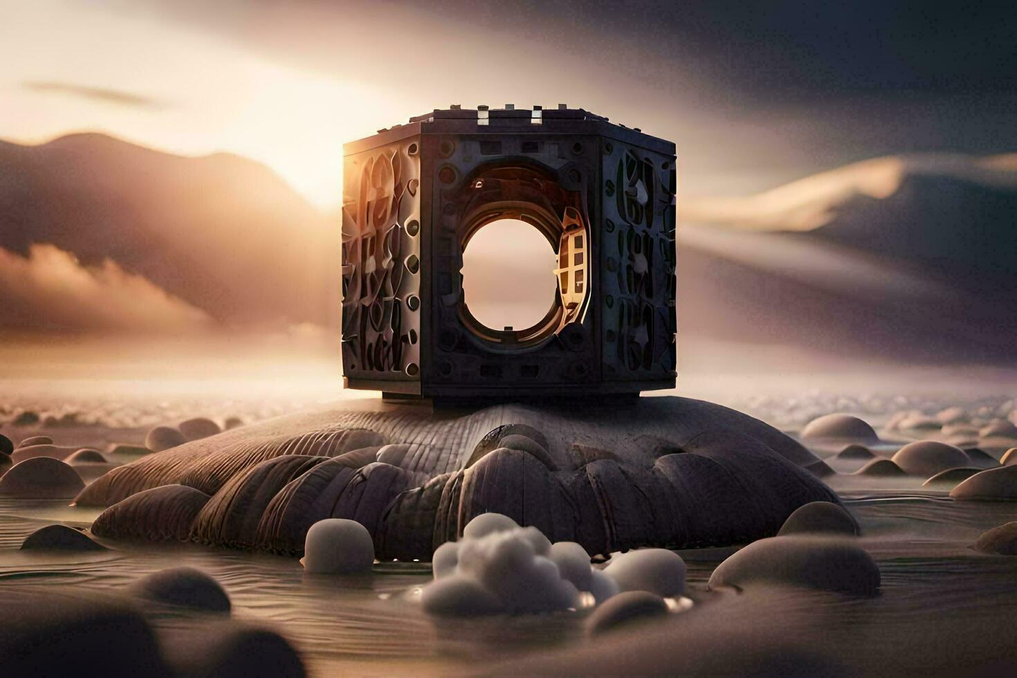 a box with a hole in it sitting on top of a rock. AI-Generated photo