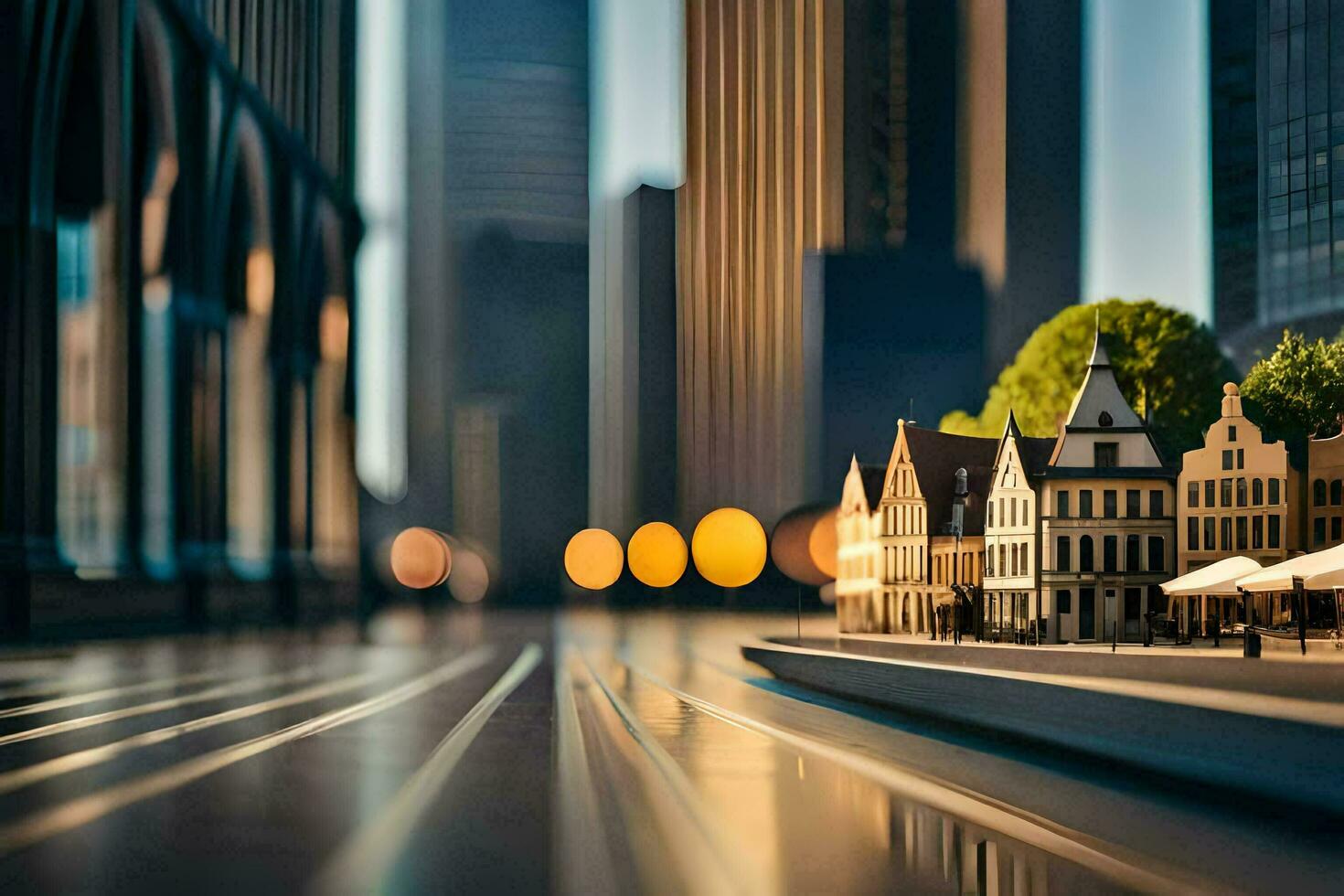 a miniature city with buildings and lights in the background. AI-Generated photo