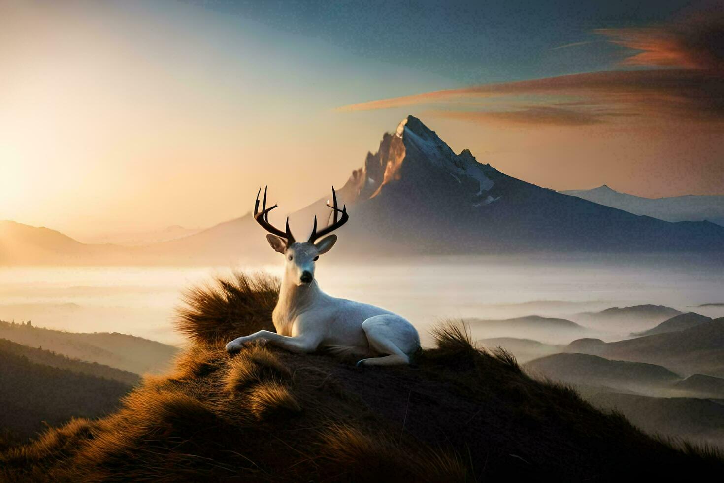 a deer sits on top of a mountain at sunrise. AI-Generated photo