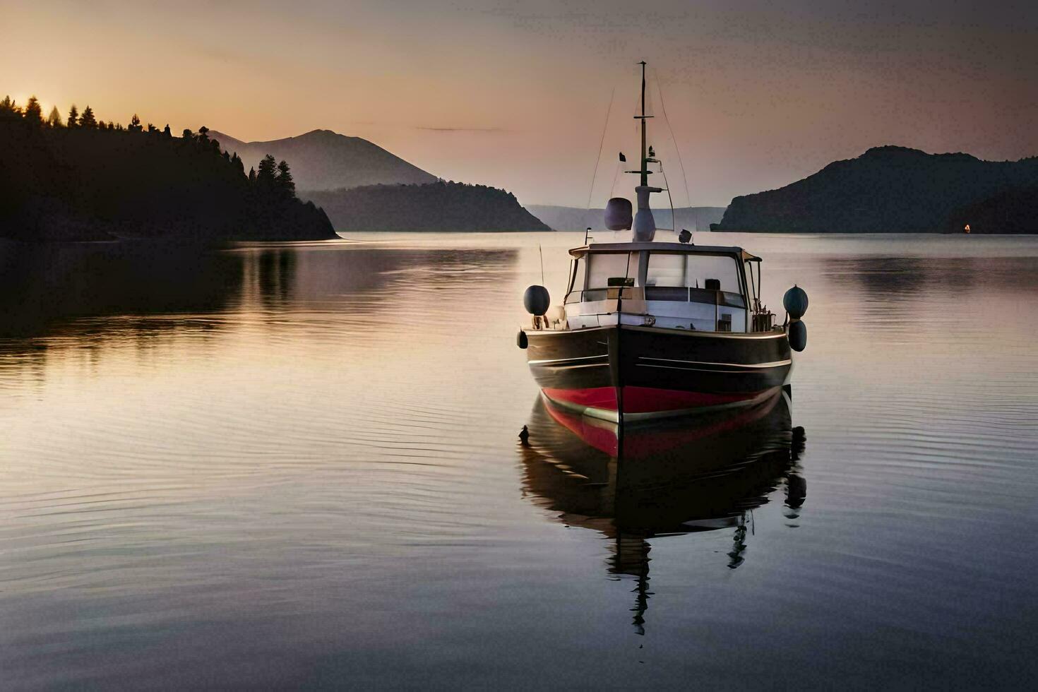 a boat is docked at the shore of a lake. AI-Generated photo