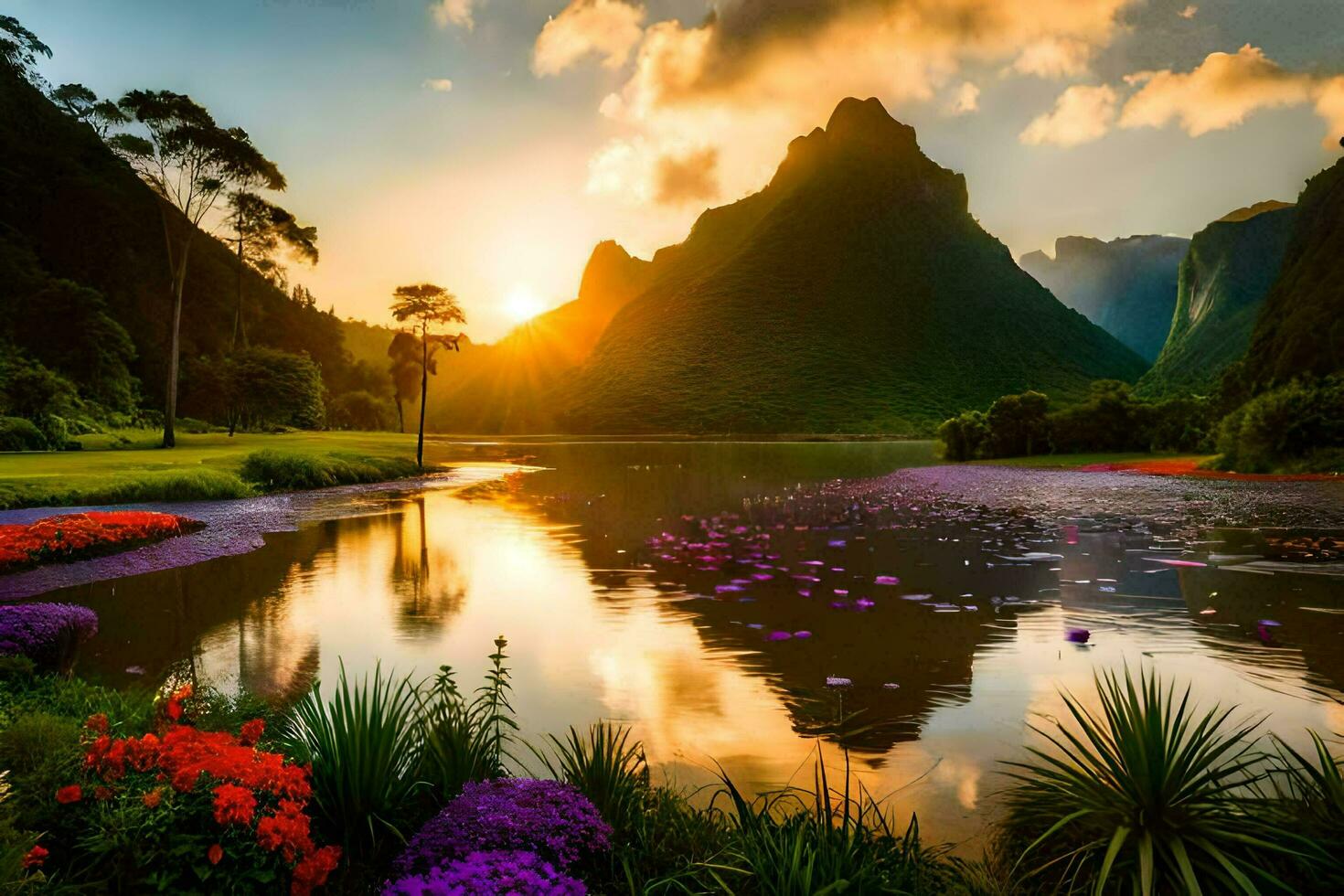 sunset over a lake with flowers and mountains. AI-Generated photo