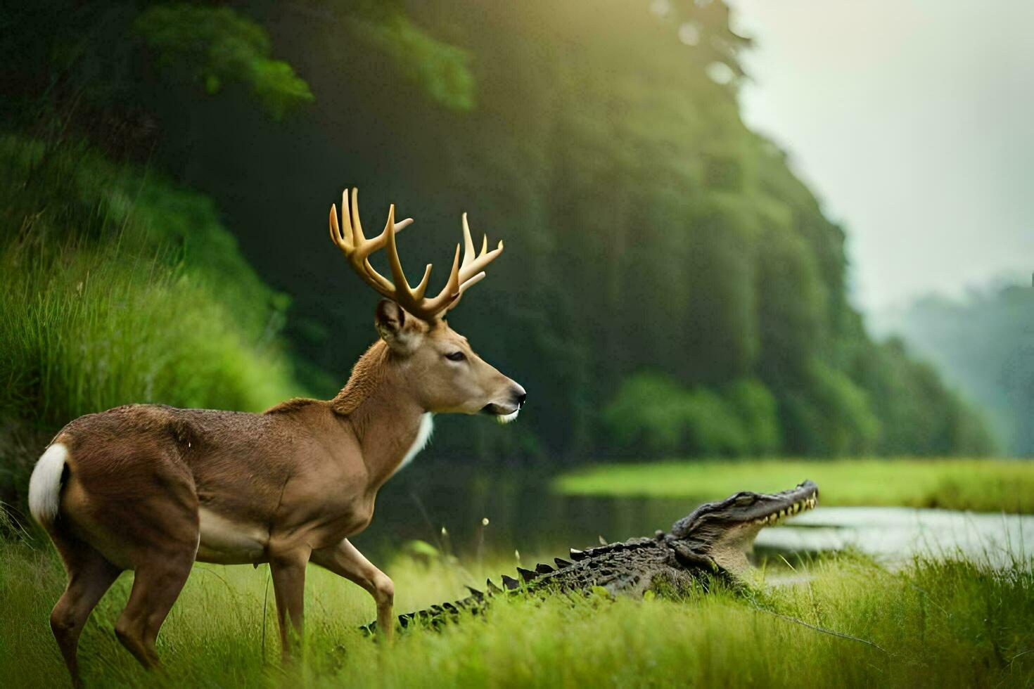 a deer and an alligator in the grass. AI-Generated photo