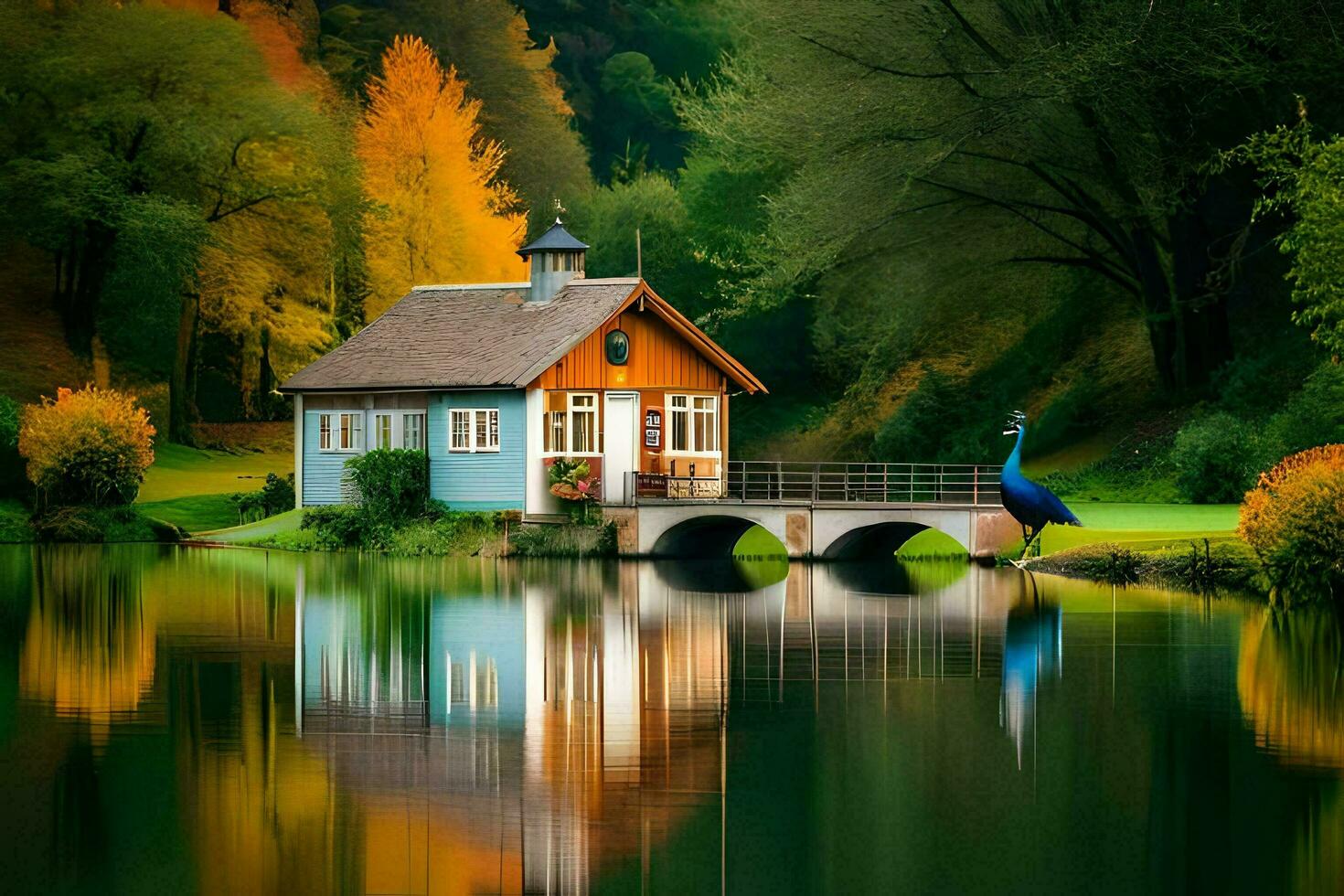 a house sits on the edge of a lake with a blue bird. AI-Generated photo