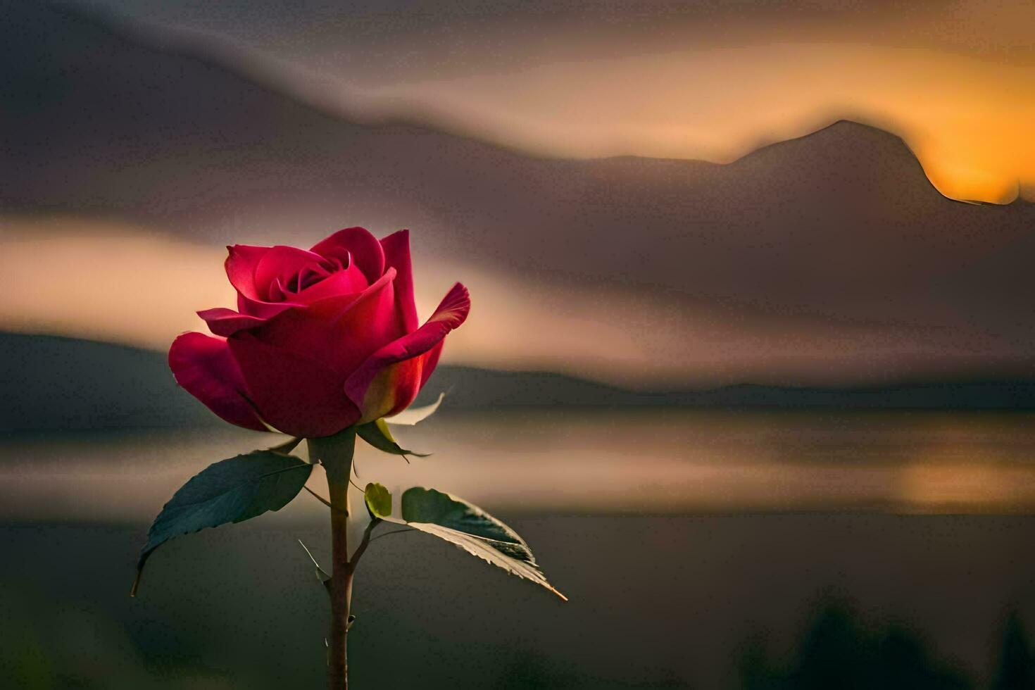 a single red rose is in front of a lake and mountains. AI-Generated photo