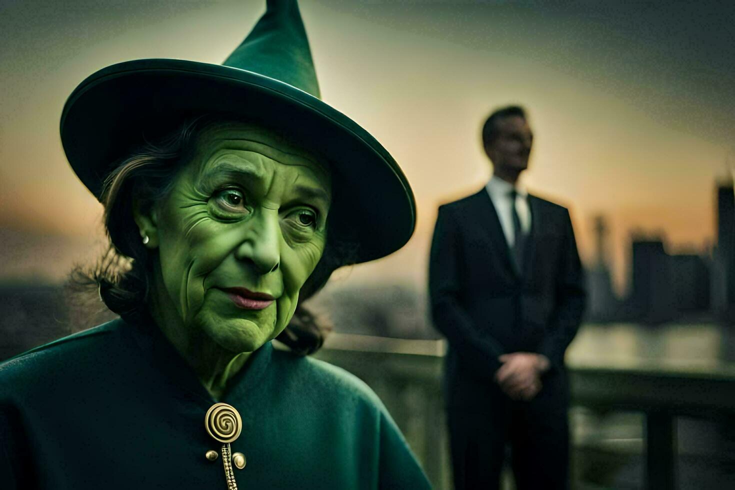 a woman in a green witch hat and a man in a suit. AI-Generated photo