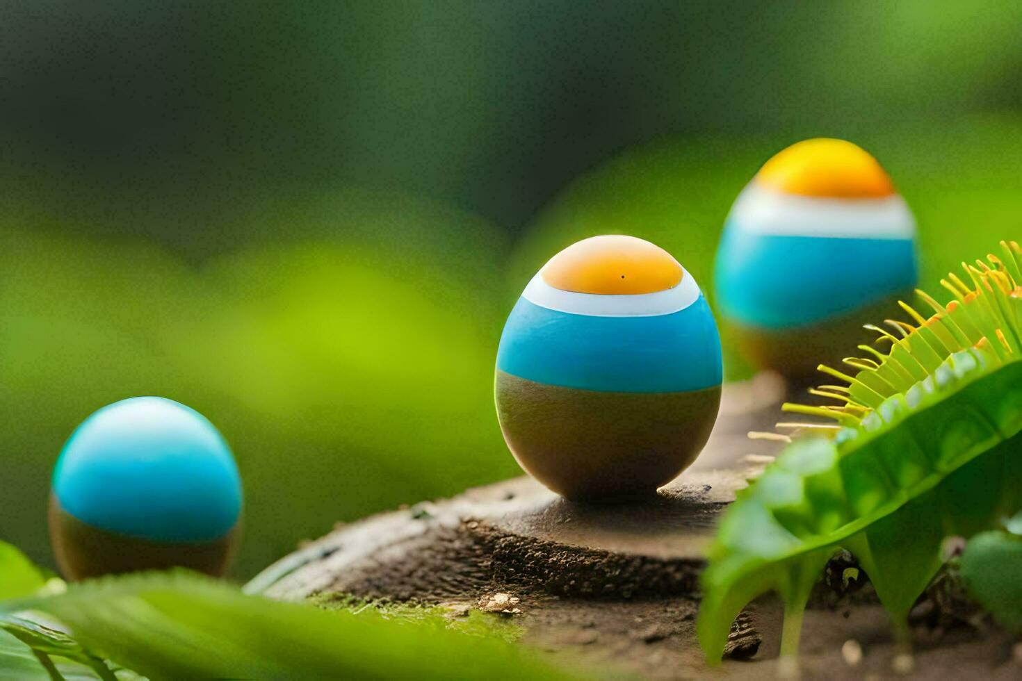 vistoso Pascua de Resurrección huevos en el bosque. generado por ai foto