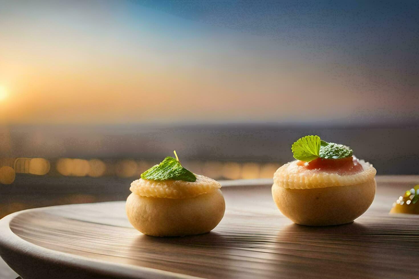 three small appetizers on a wooden tray with a sunset view. AI-Generated photo