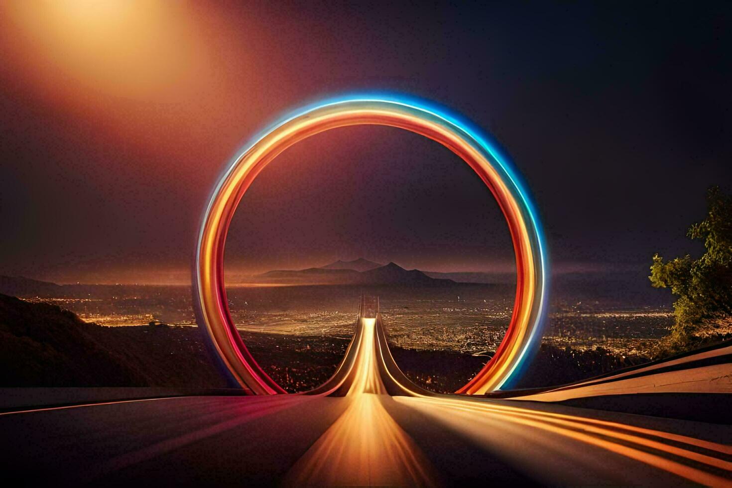 a road with a colorful light ring in the middle. AI-Generated photo