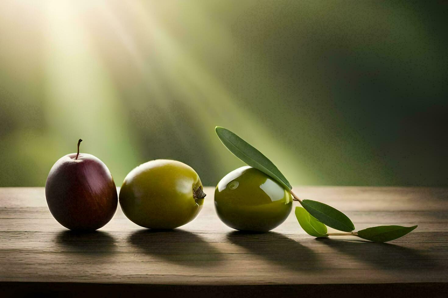 three green and red apples on a wooden table. AI-Generated photo
