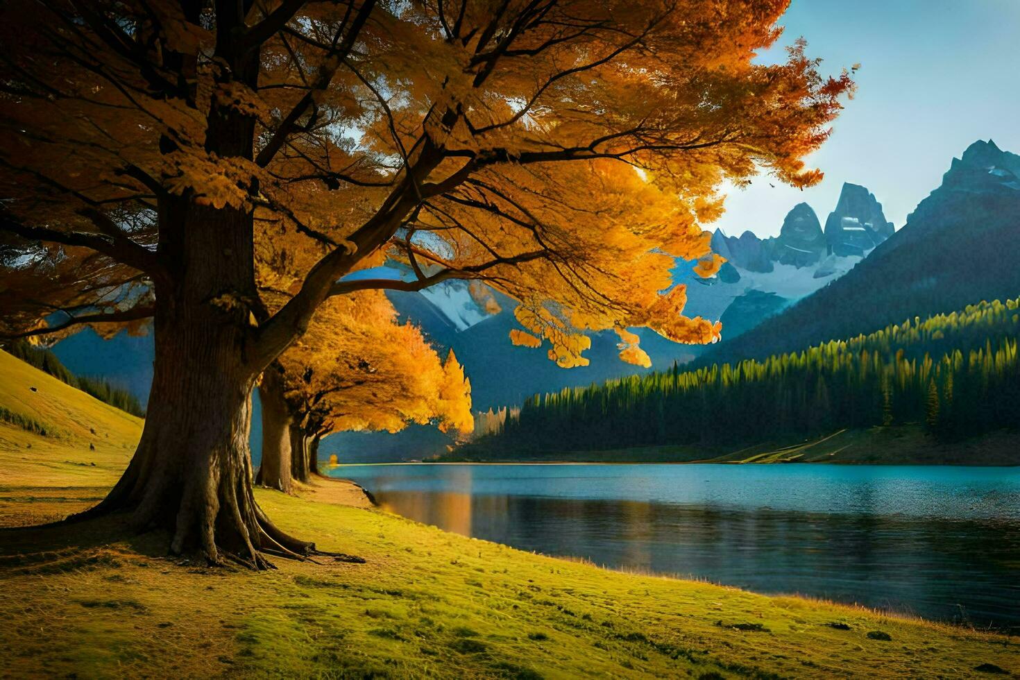 otoño arboles por el lago. generado por ai foto