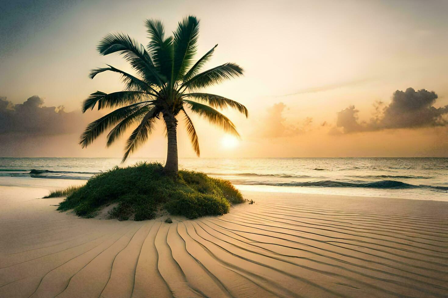 the sun sets on a palm tree on a beach. AI-Generated photo