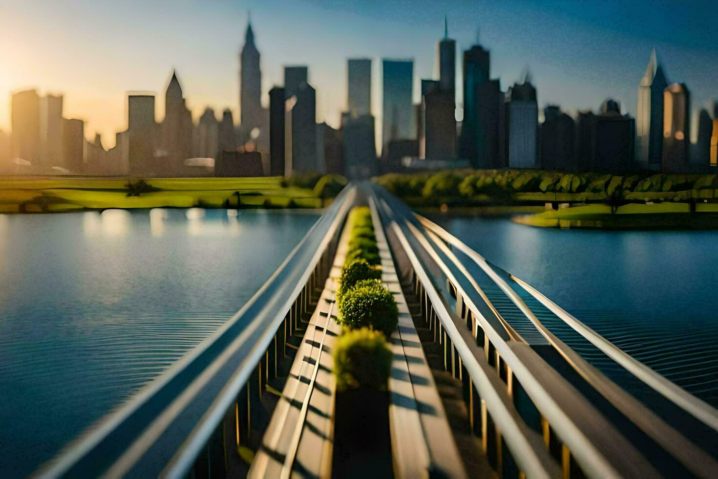 a long bridge over water with a city skyline in the background. AI-Generated photo