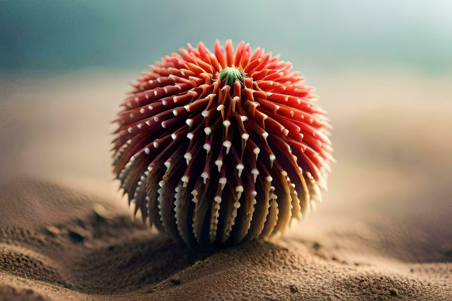 a red and white spiky ball sitting on top of sand. AI-Generated photo