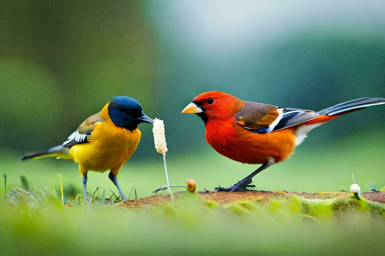 two colorful birds standing on a grassy field. AI-Generated photo