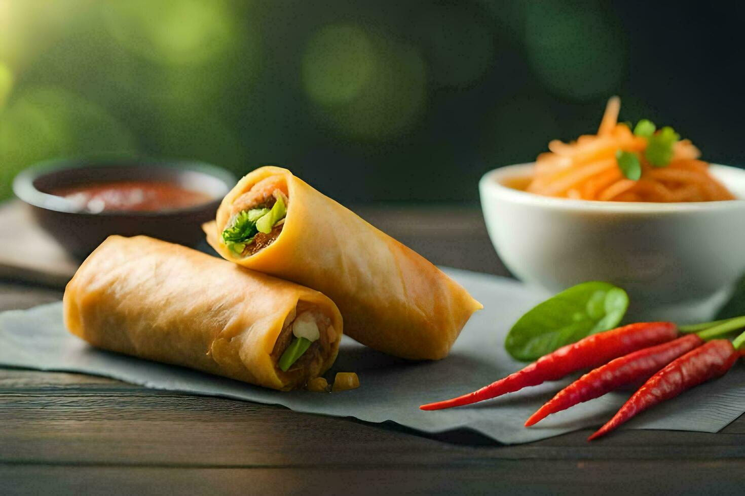 a plate of spring rolls with sauce and vegetables. AI-Generated photo