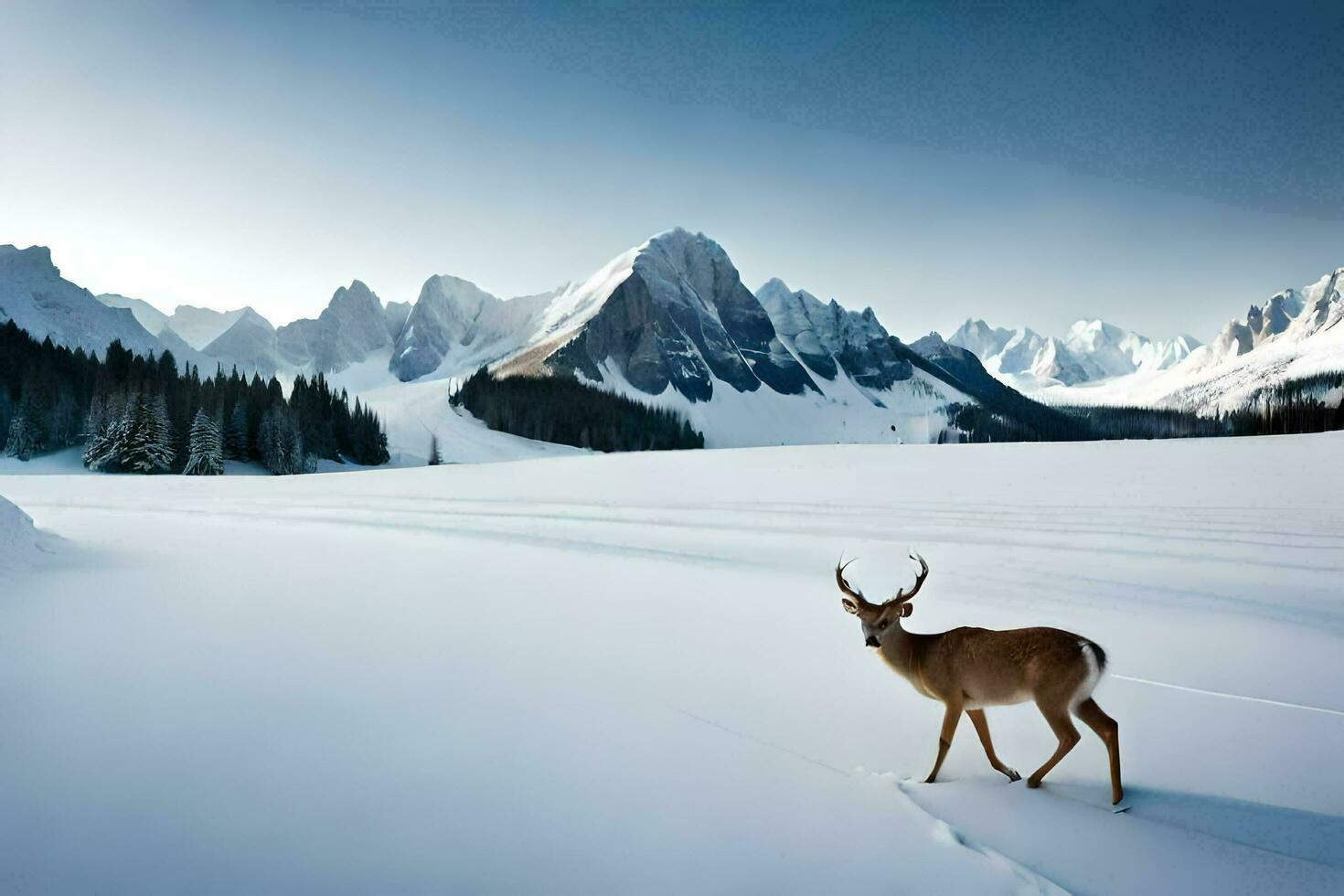 a deer stands in the snow in front of mountains. AI-Generated photo