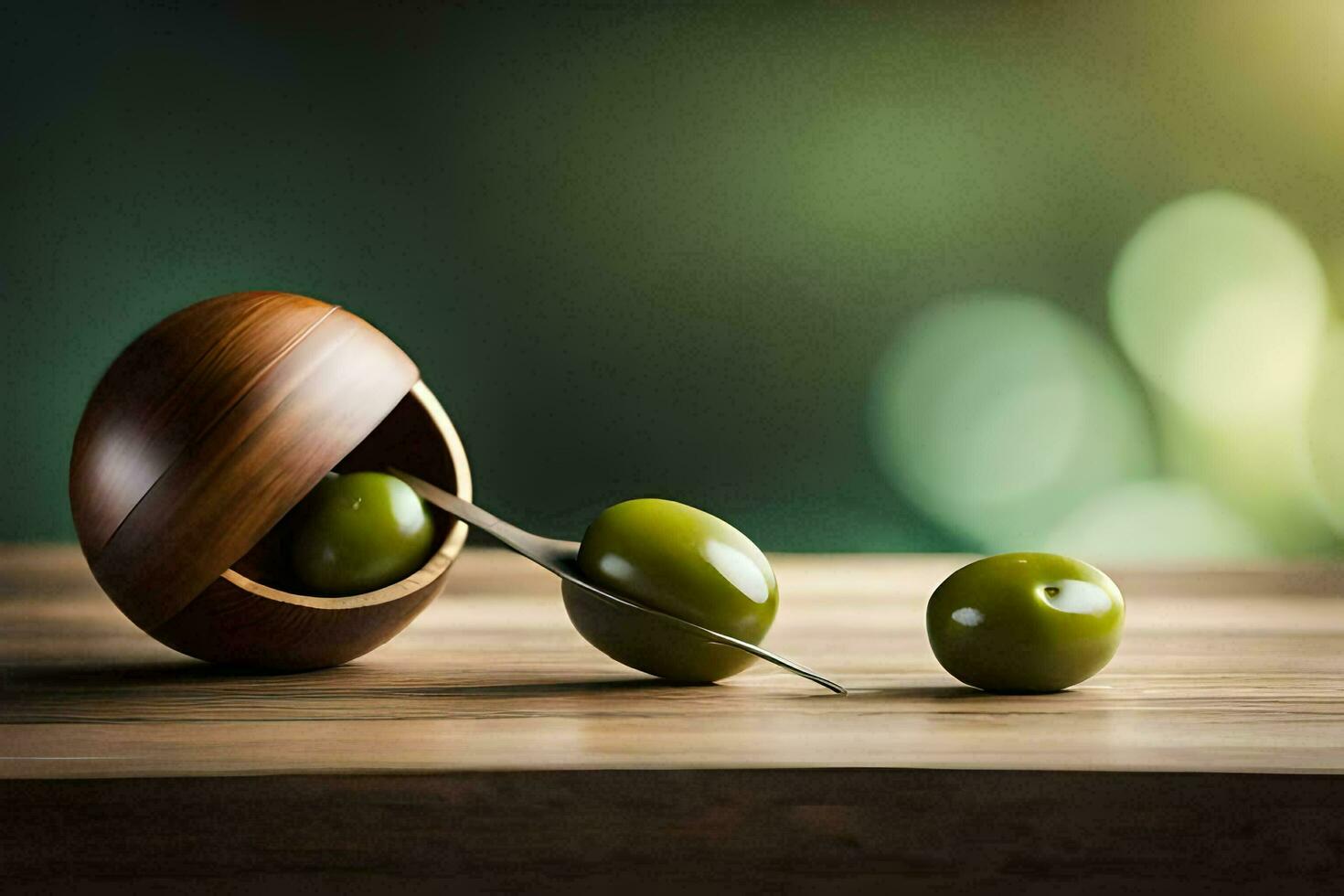 olives in a wooden bowl on a table. AI-Generated photo