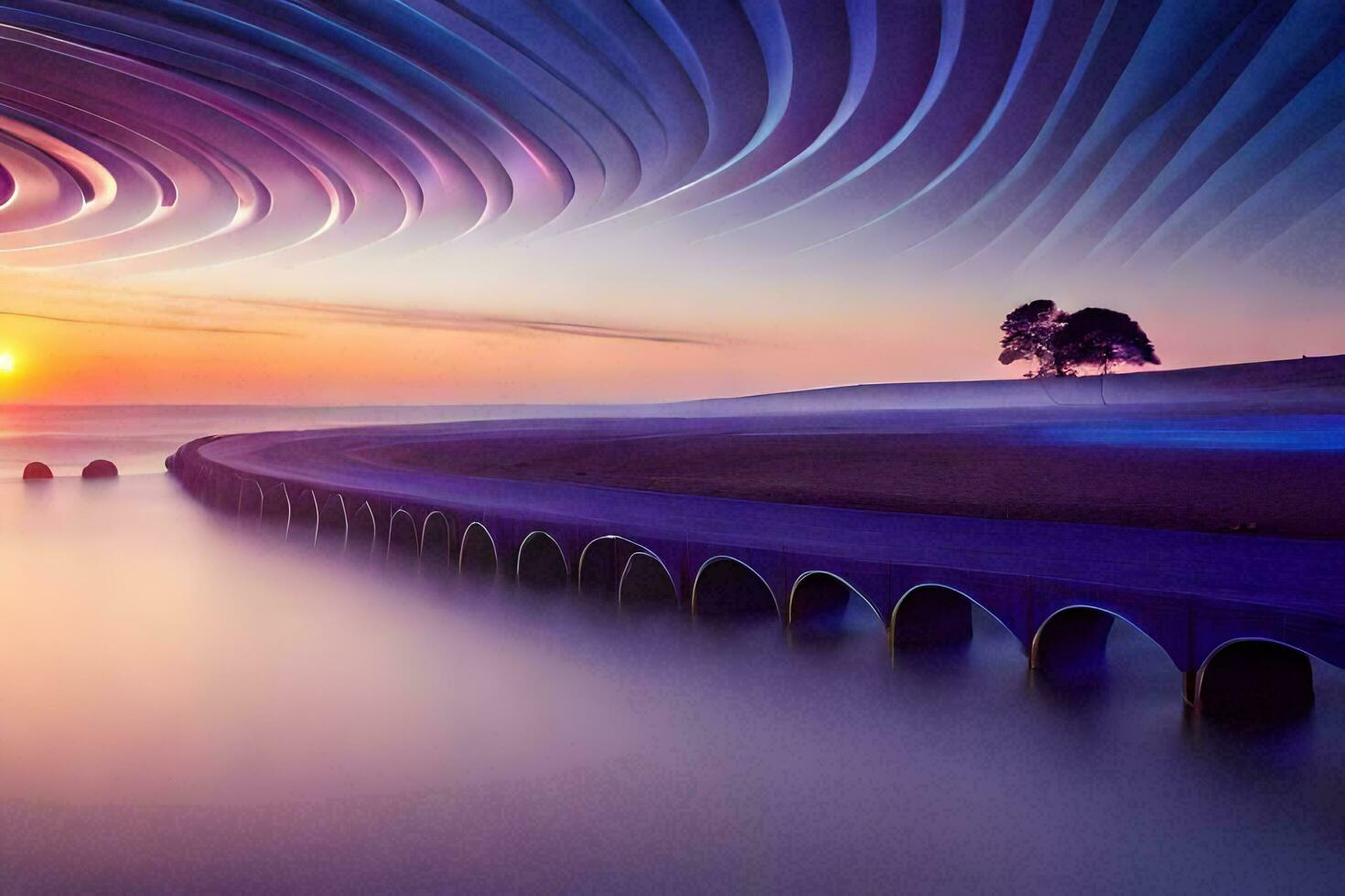 a bridge with a circular shape at sunset. AI-Generated photo