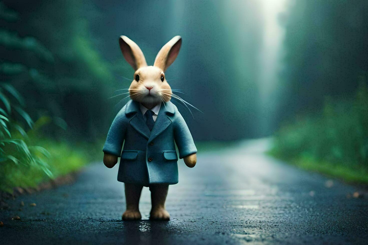 a rabbit in a suit standing on a road. AI-Generated photo