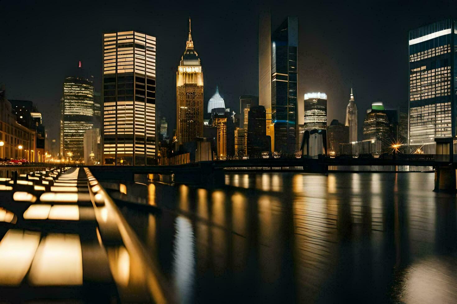 un ciudad horizonte a noche con luces en. generado por ai foto