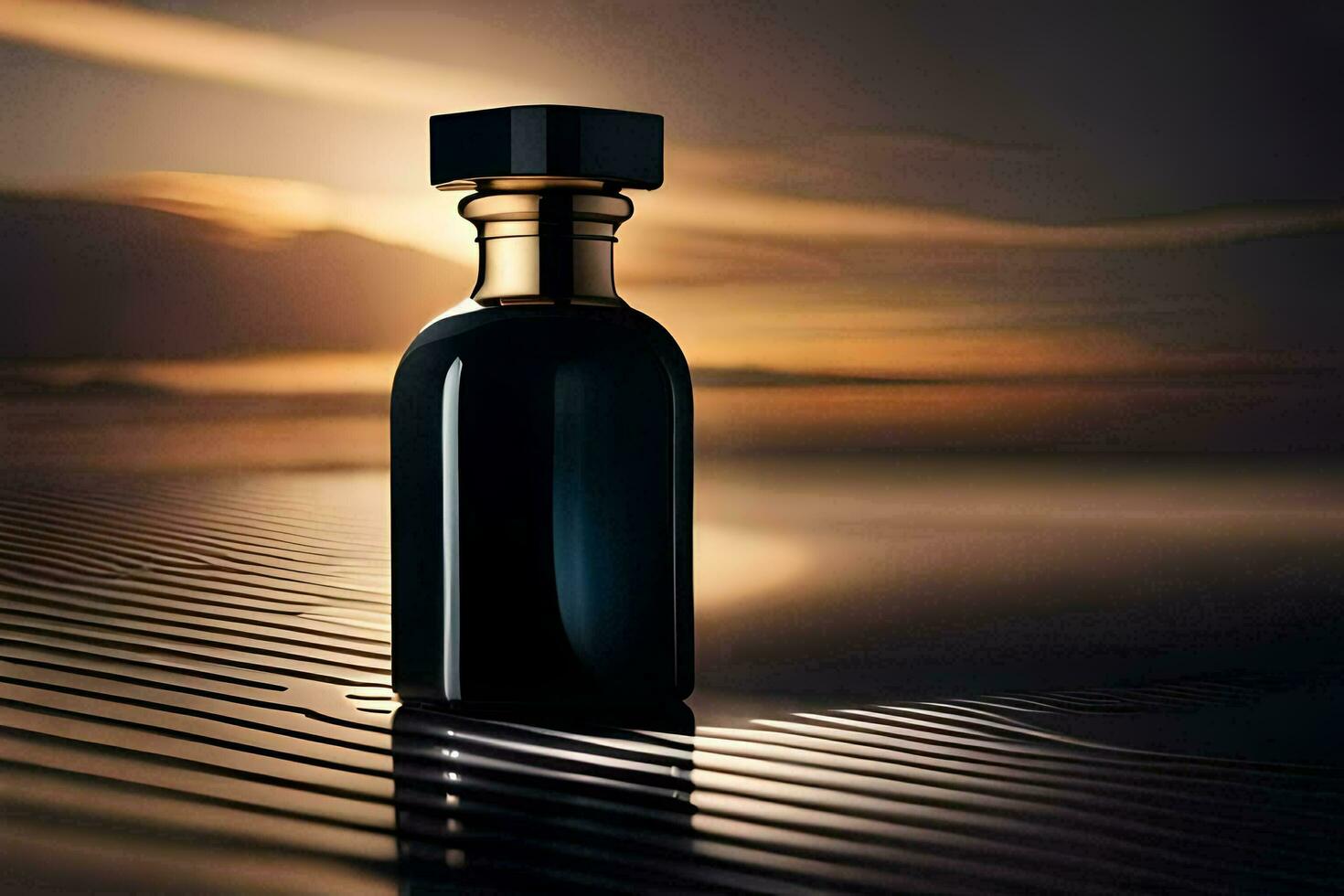 a bottle of perfume sitting on a table. AI-Generated photo