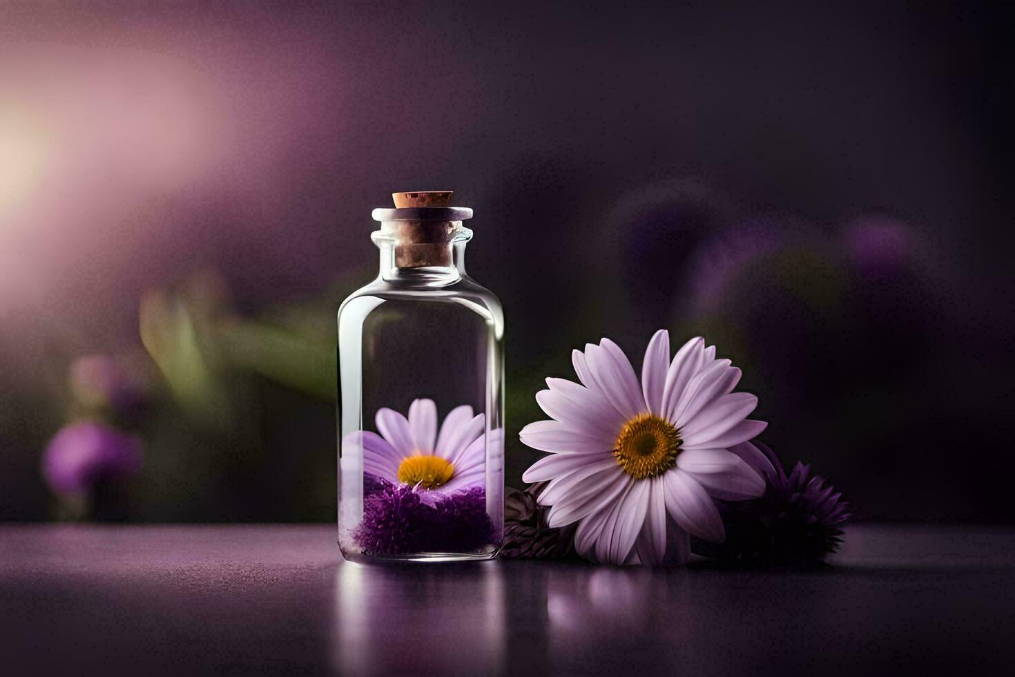 a bottle of essential oil with purple daisies on a table. AI-Generated photo