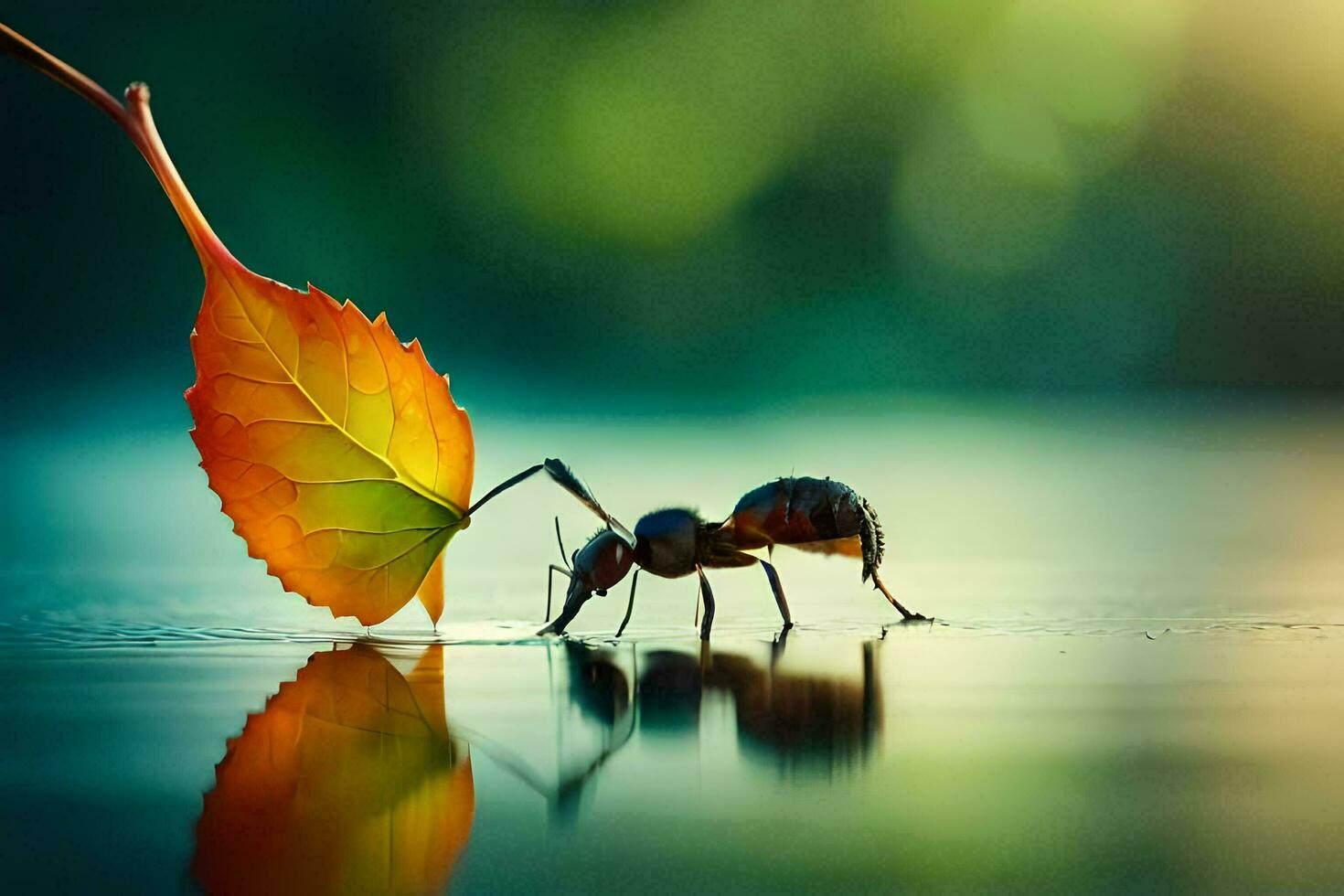 an ant carrying a leaf on its back. AI-Generated photo