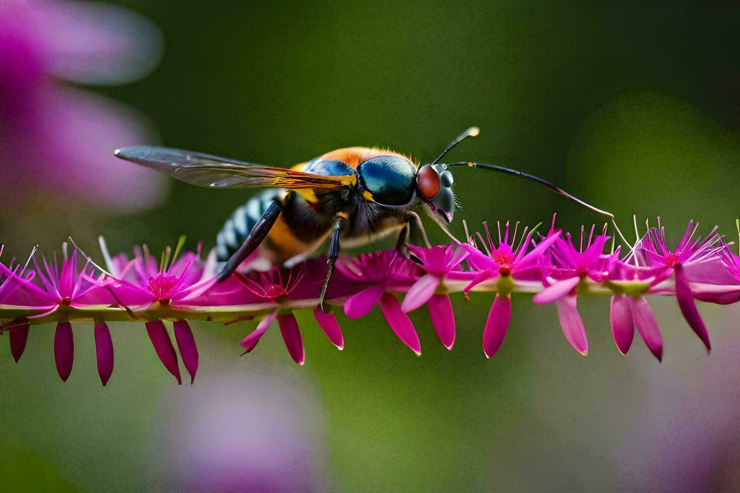 a bee with a blue and orange body sitting on a flower. AI-Generated photo
