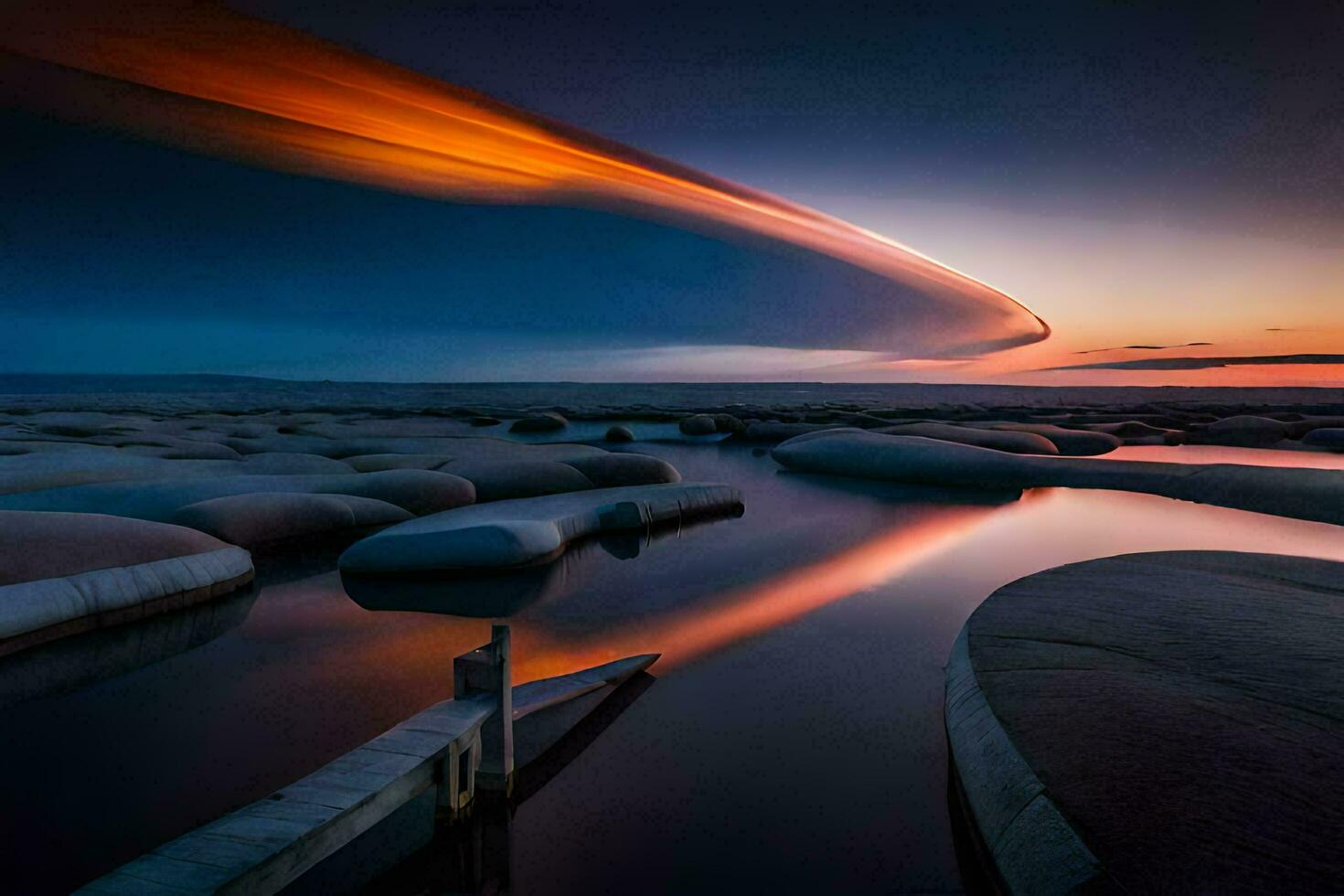 a sunset over the water with rocks and a cloud. AI-Generated photo