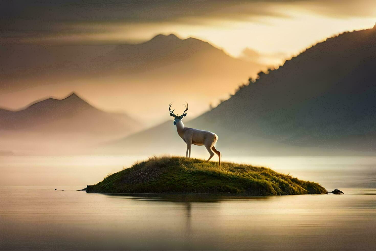 a deer stands on an island in the middle of a lake. AI-Generated photo