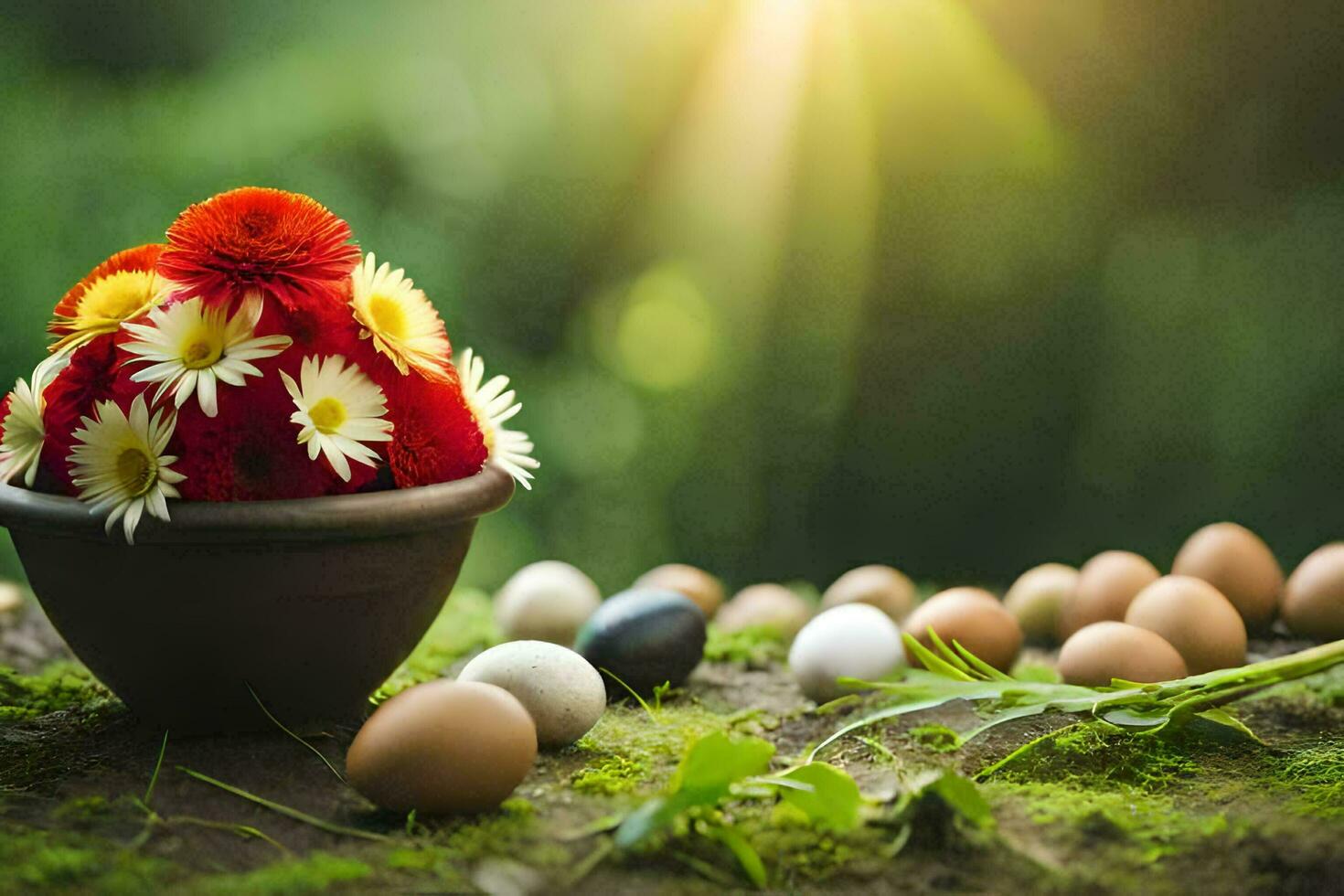 photo wallpaper flowers, the sun, spring, the grass, eggs, flowers, the sun,. AI-Generated