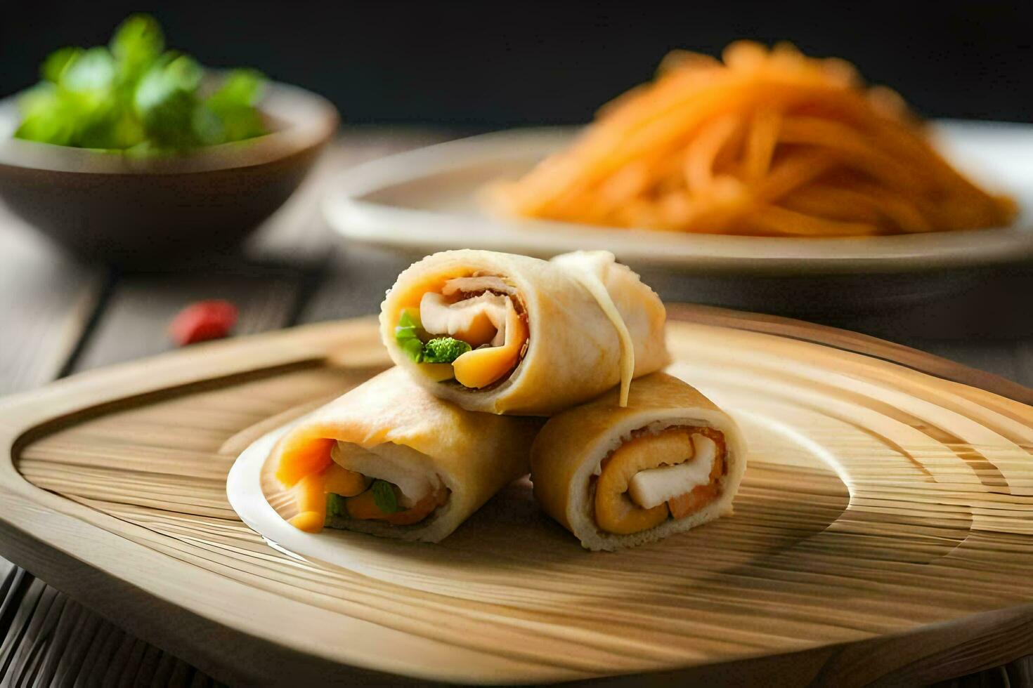 chinese food on a wooden plate. AI-Generated photo